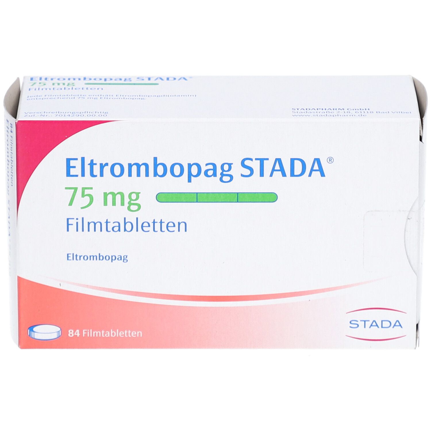 Schachtel mit ELTROMBOPAG STADA 75 mg Filmtabletten. Aufschrift: 84 Filmtabletten. Logo STADA.