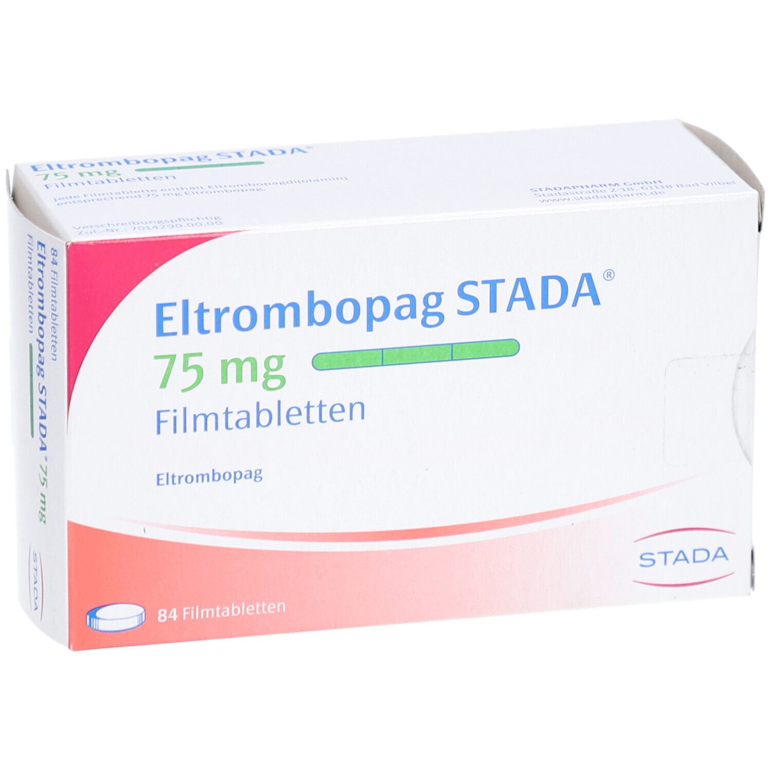 Schachtel mit ELTROMBOPAG STADA 75 mg Filmtabletten. Aufschrift: 84 Filmtabletten. Logo STADA.