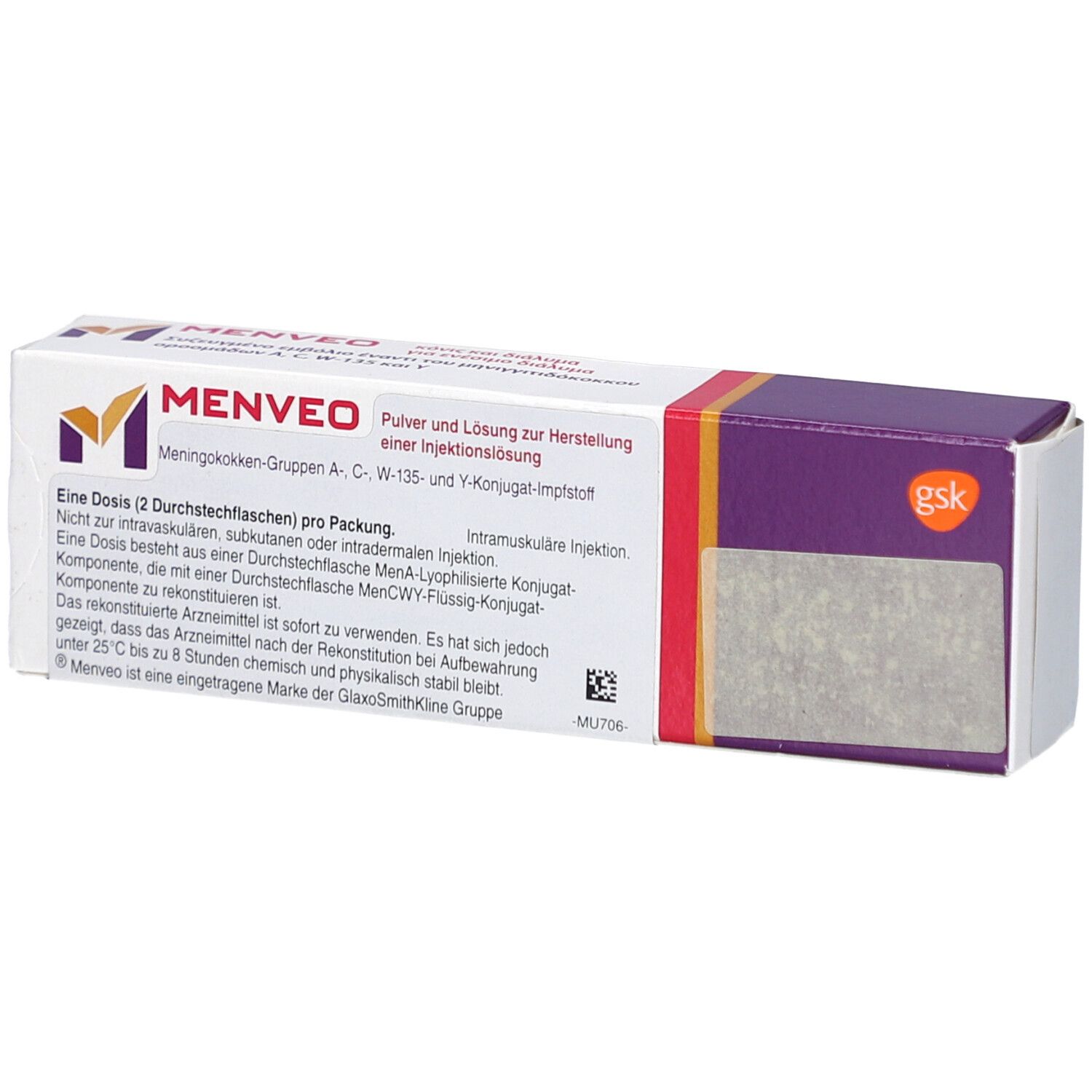 MENVEO-Verpackung. Weiß, mit lila und orangefarbenen Akzenten. Text: Pulver und Lösung zur Herstellung einer Injektionslösung.