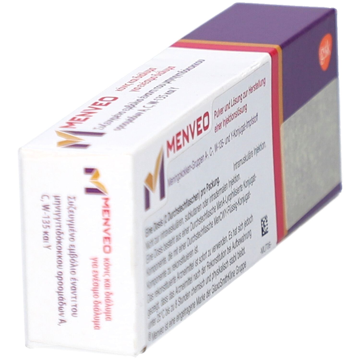 MENVEO-Verpackung, schräg. Weiß, mit lila und orangefarbenen Akzenten. Text: Pulver und Lösung zur Herstellung einer Injektionslösung.