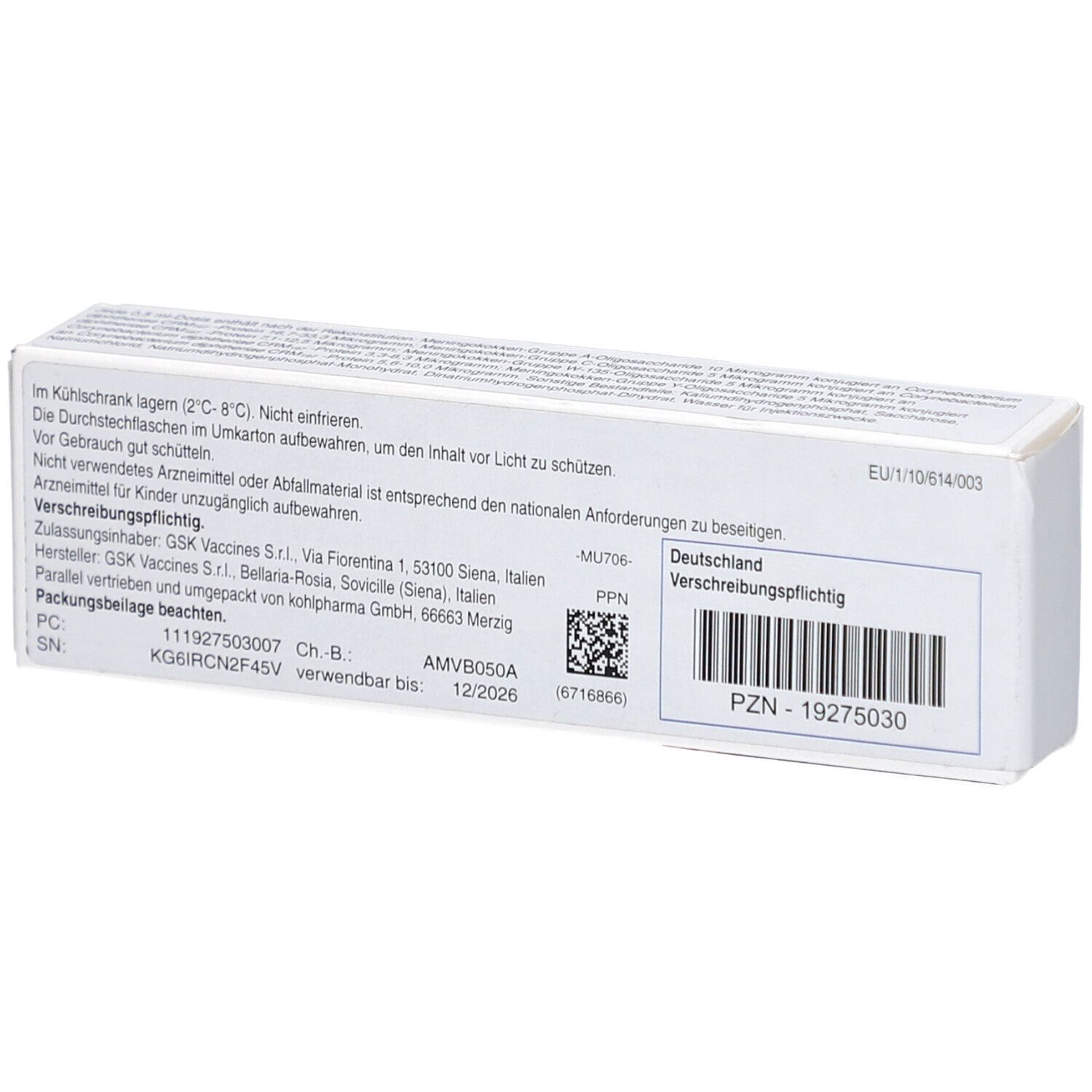 MENVEO-Verpackung, Rückseite. Weiß mit Text und Barcode. Text: Verschreibungspflichtig. PZN-19275030.