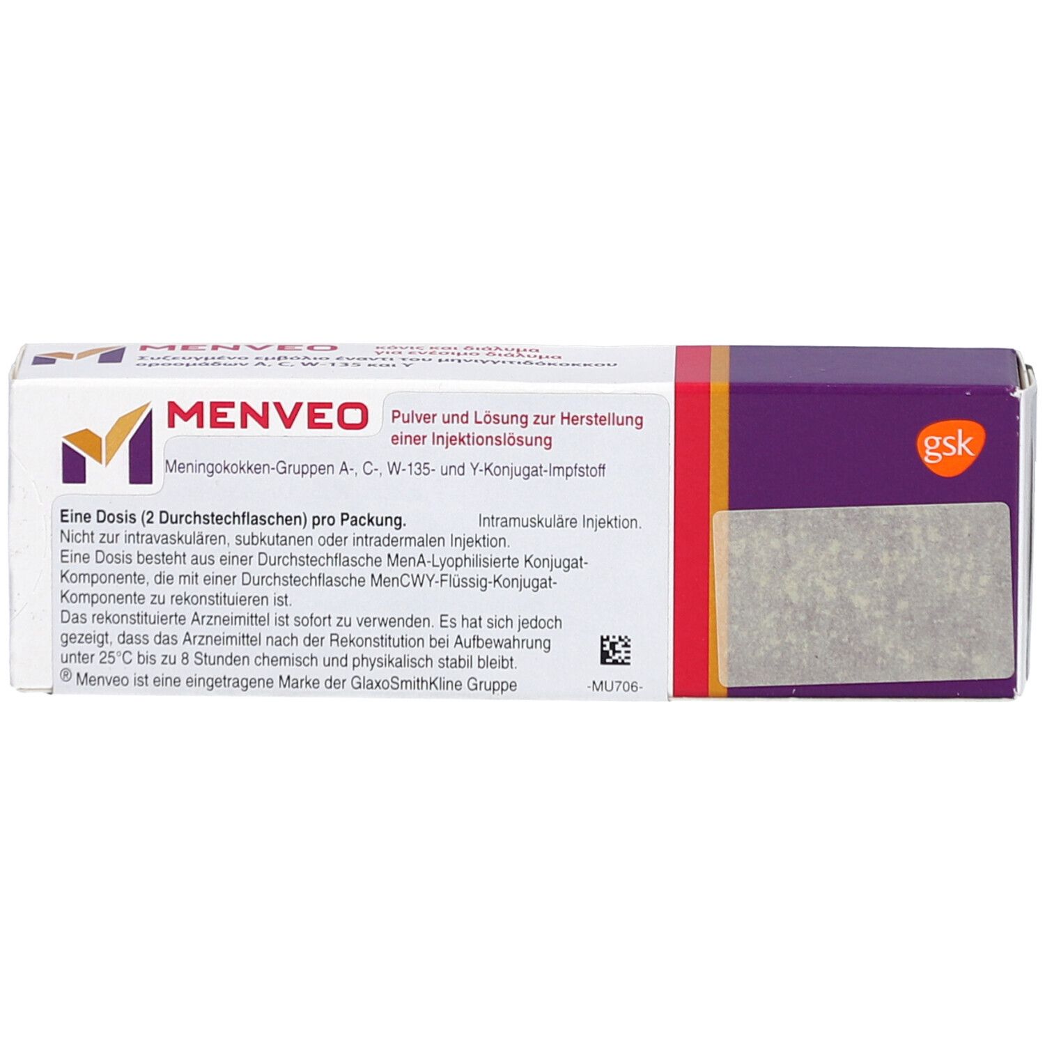 MENVEO-Verpackung. Weiß, mit lila und orangefarbenen Akzenten. Text: Pulver und Lösung zur Herstellung einer Injektionslösung.