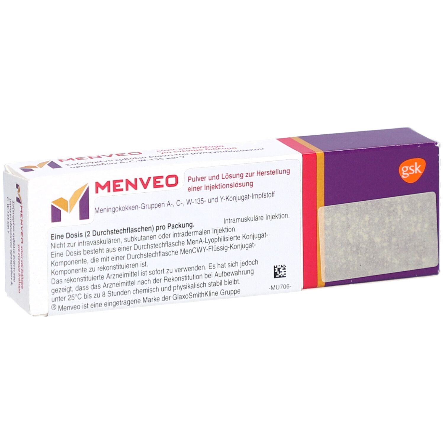 MENVEO-Verpackung. Weiß, mit lila und orangefarbenen Akzenten. Text: Pulver und Lösung zur Herstellung einer Injektionslösung.