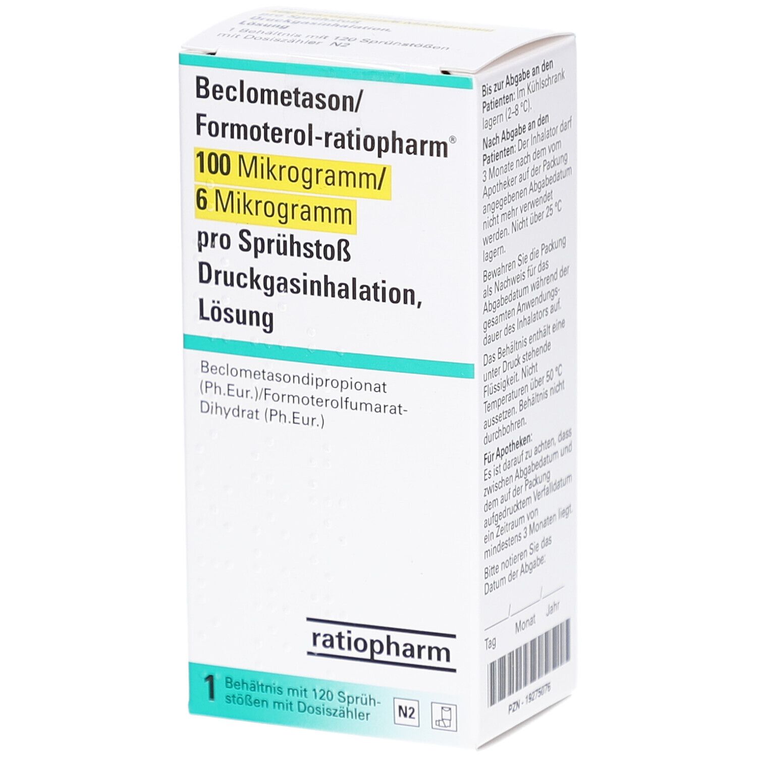 Karton von Beclometason/Formoterol-ratiopharm. Aufschrift: 100 Mikrogramm/6 Mikrogramm pro Sprühstoß. Enthält 120 Sprühstöße.