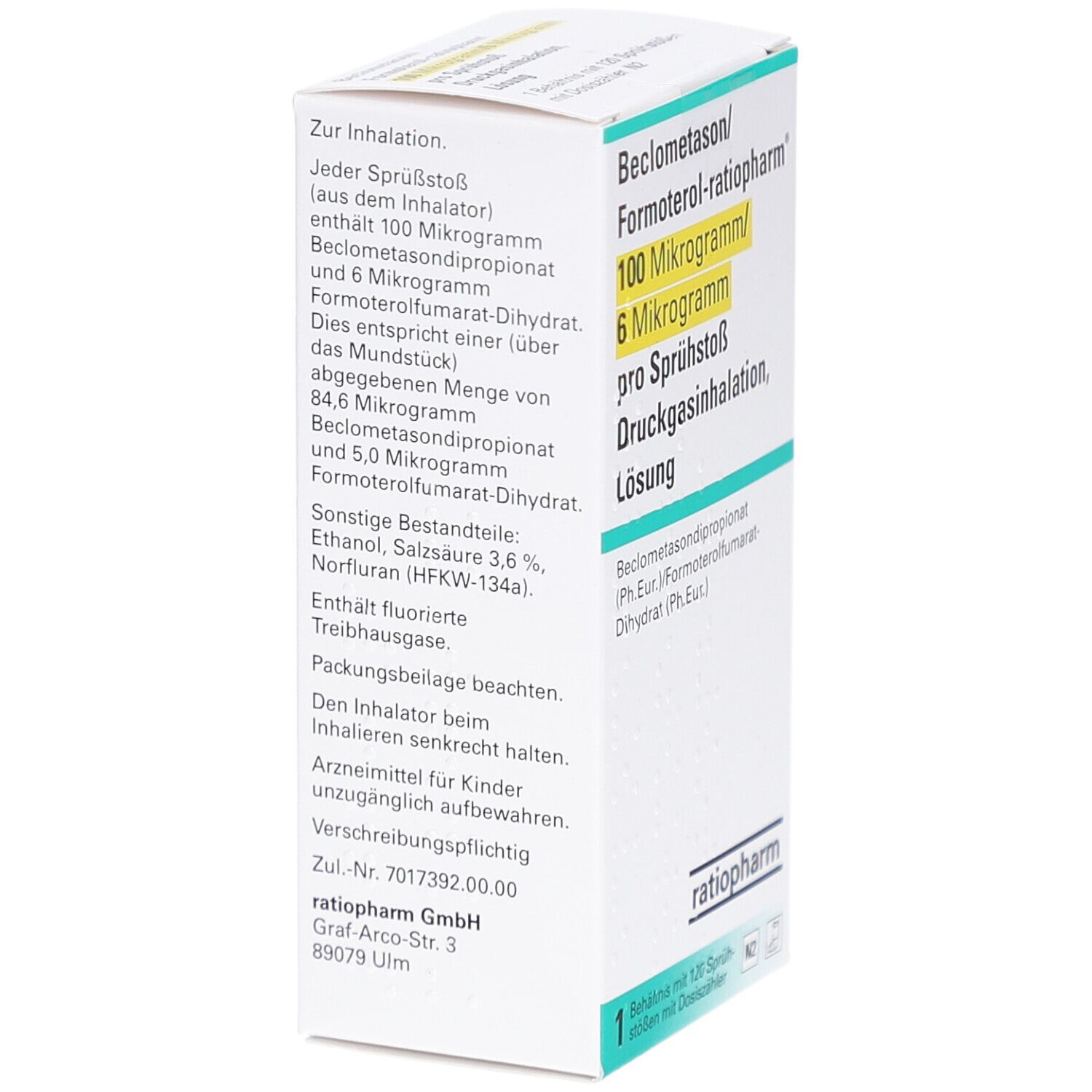 Karton von Beclometason/Formoterol-ratiopharm. Textabschnitte mit Informationen zur Inhalation und Inhaltsstoffen.