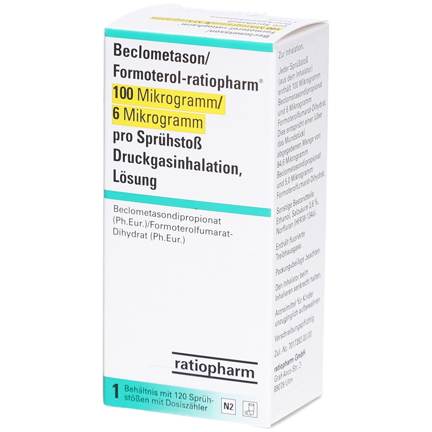 Karton von Beclometason/Formoterol-ratiopharm. Aufschrift: 100 Mikrogramm/6 Mikrogramm pro Sprühstoß. Enthält 120 Sprühstöße.