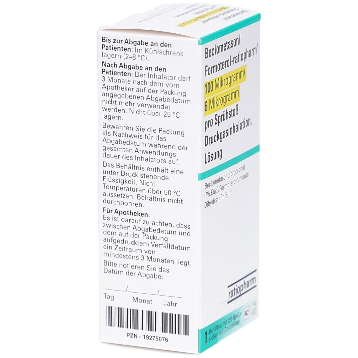 Karton von Beclometason/Formoterol-ratiopharm. Textabschnitt mit Anweisungen zur Lagerung und Abgabe.