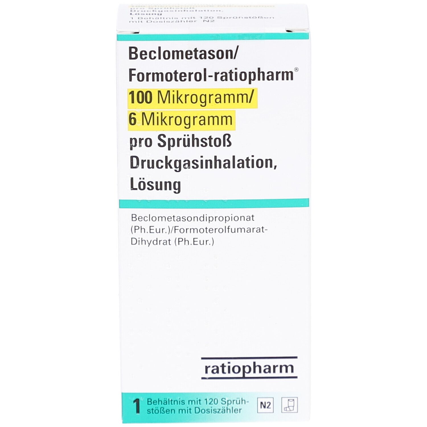 Karton von Beclometason/Formoterol-ratiopharm. Aufschrift: 100 Mikrogramm/6 Mikrogramm pro Sprühstoß. Enthält 120 Sprühstöße.