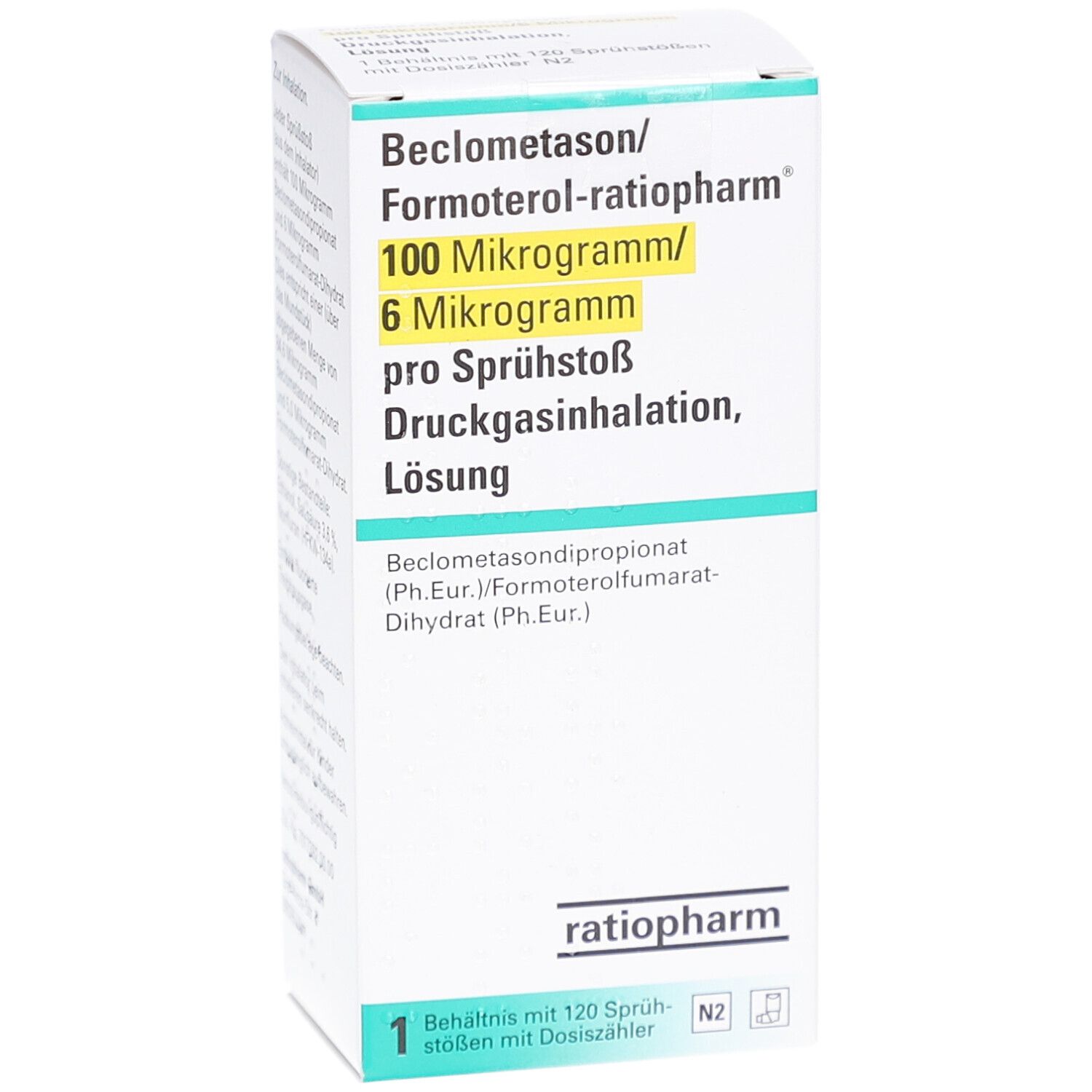 Karton von Beclometason/Formoterol-ratiopharm. Aufschrift: 100 Mikrogramm/6 Mikrogramm pro Sprühstoß. Enthält 120 Sprühstöße.