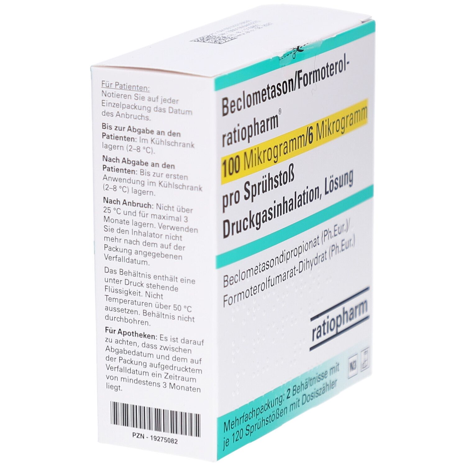 Schräg gestellte Verpackung von Beclometason/Formoterol-ratiopharm. Aufschrift: 100 Mikrogramm/6 Mikrogramm pro Sprühstoß. ratiopharm Logo. Text auf der Seite.