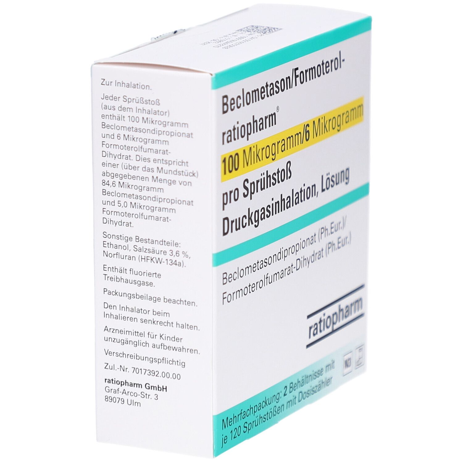 Schräg gestellte Verpackung von Beclometason/Formoterol-ratiopharm. Aufschrift: 100 Mikrogramm/6 Mikrogramm pro Sprühstoß. ratiopharm Logo. Text auf der Seite.