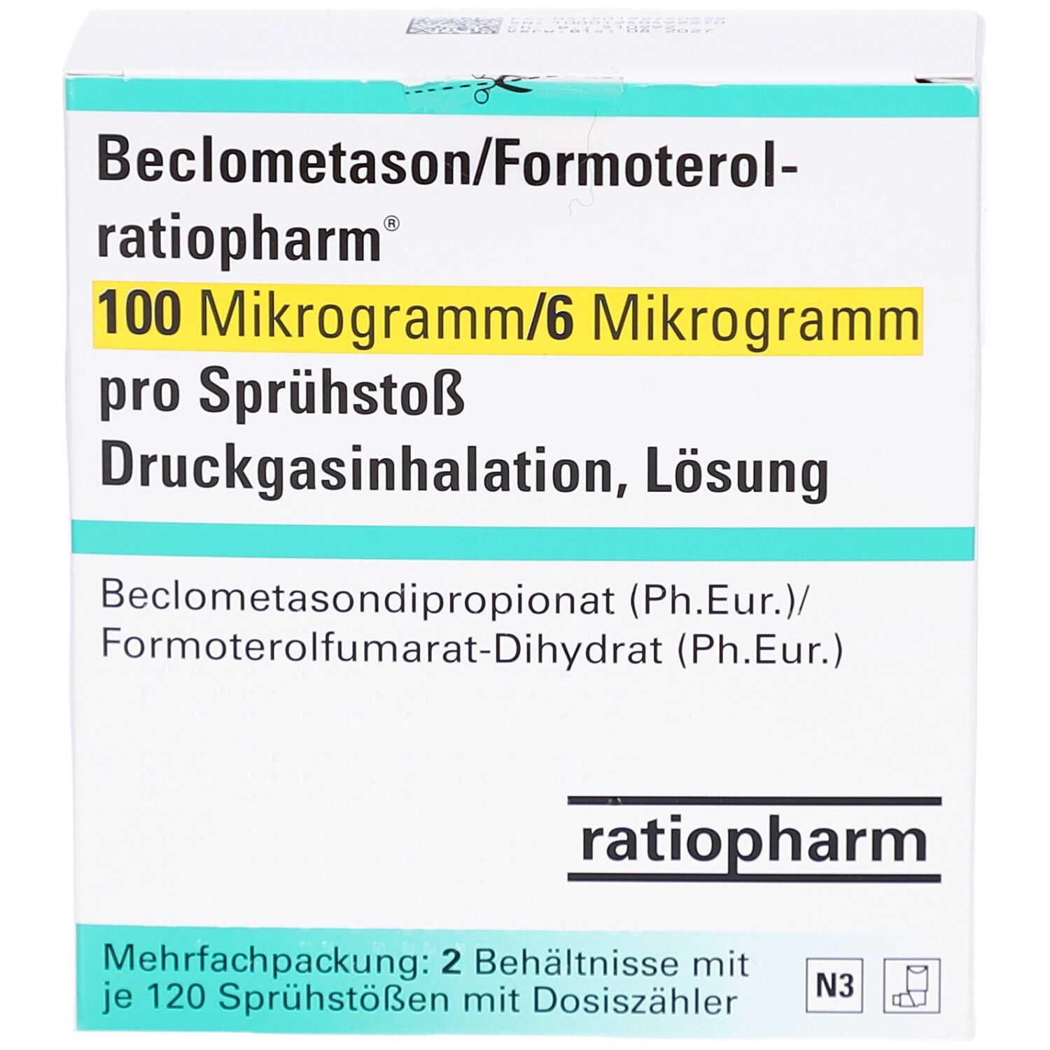 Verpackung von Beclometason/Formoterol-ratiopharm. Aufschrift: 100 Mikrogramm/6 Mikrogramm pro Sprühstoß. Druckgasinhalation, Lösung. ratiopharm Logo.