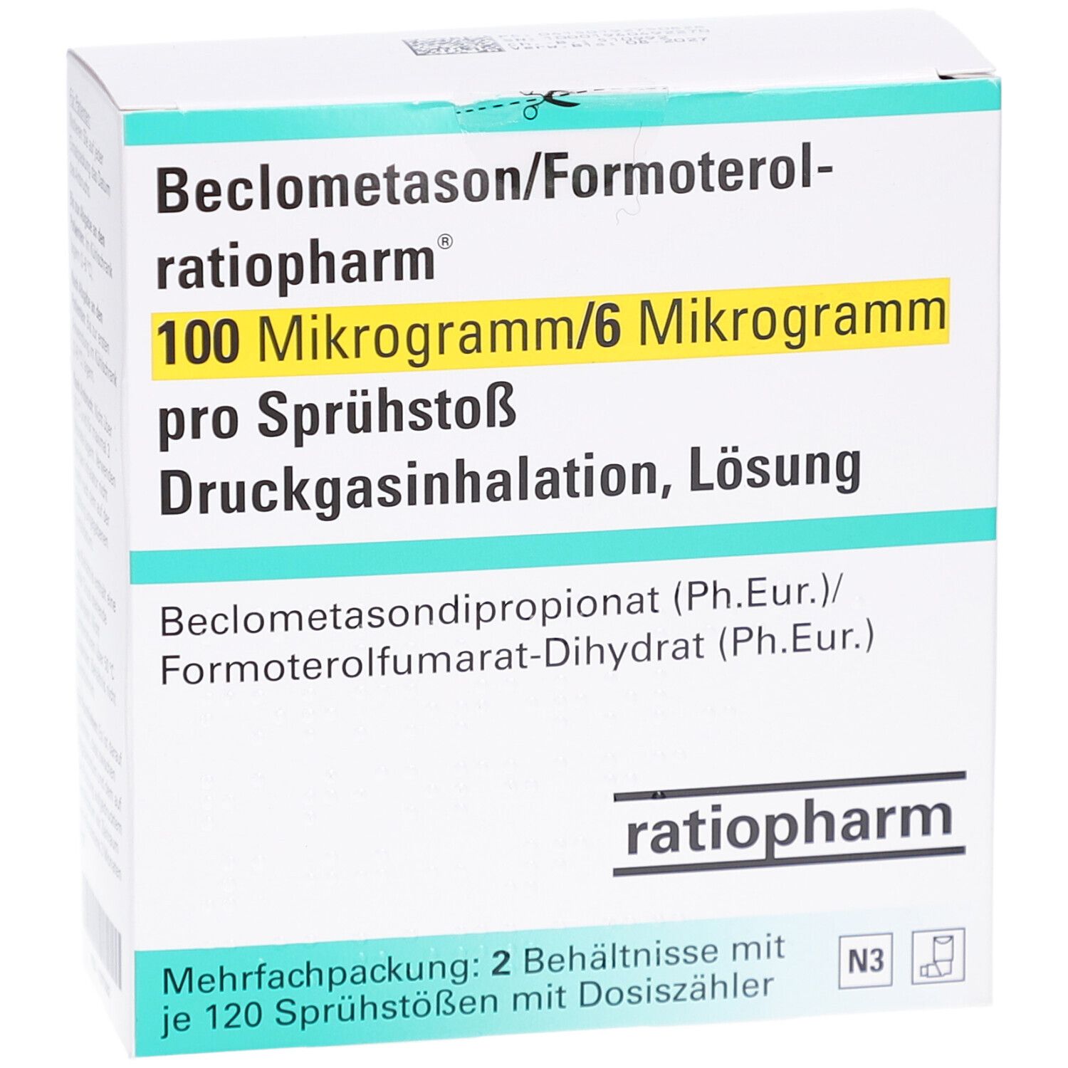 Verpackung von Beclometason/Formoterol-ratiopharm. Aufschrift: 100 Mikrogramm/6 Mikrogramm pro Sprühstoß. Druckgasinhalation, Lösung. ratiopharm Logo.