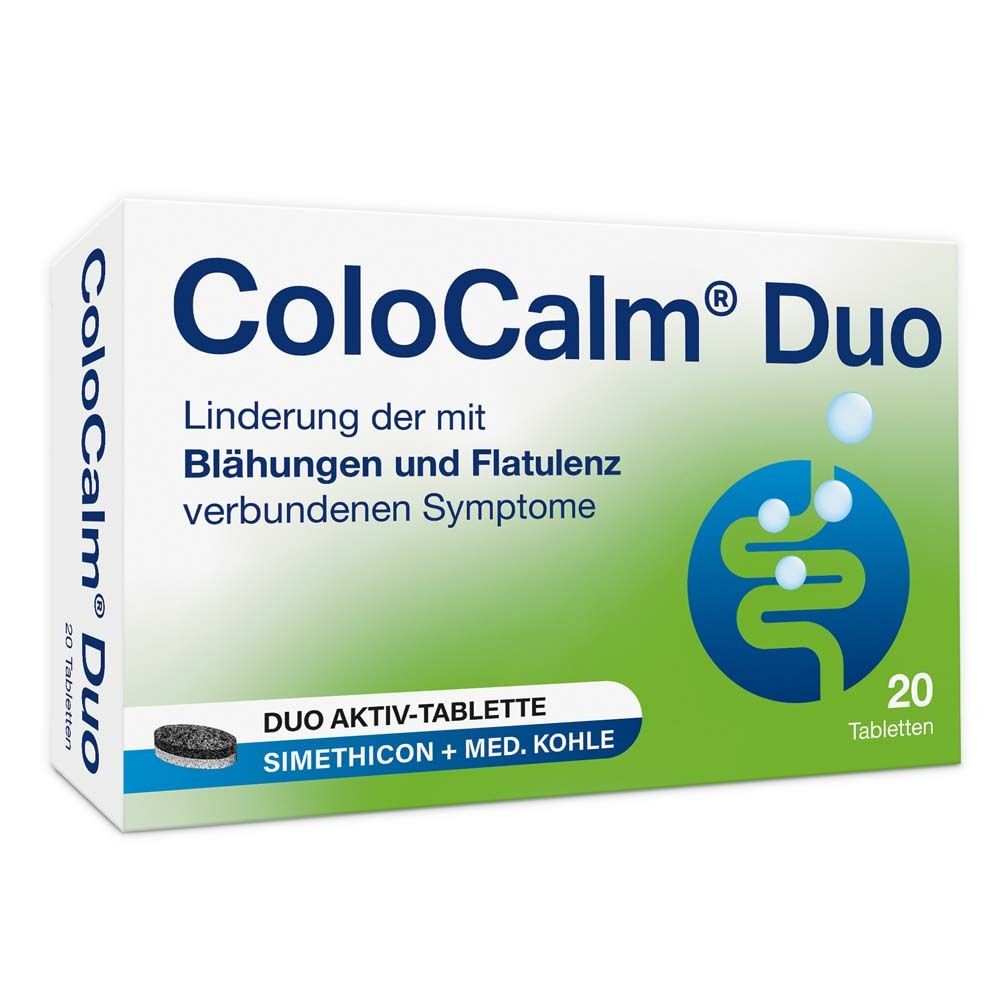 ColoCalm® Duo-Verpackung. Weiße Schachtel mit grünen und blauen Akzenten. Enthält 20 Tabletten. Text: Linderung von Blähungen.