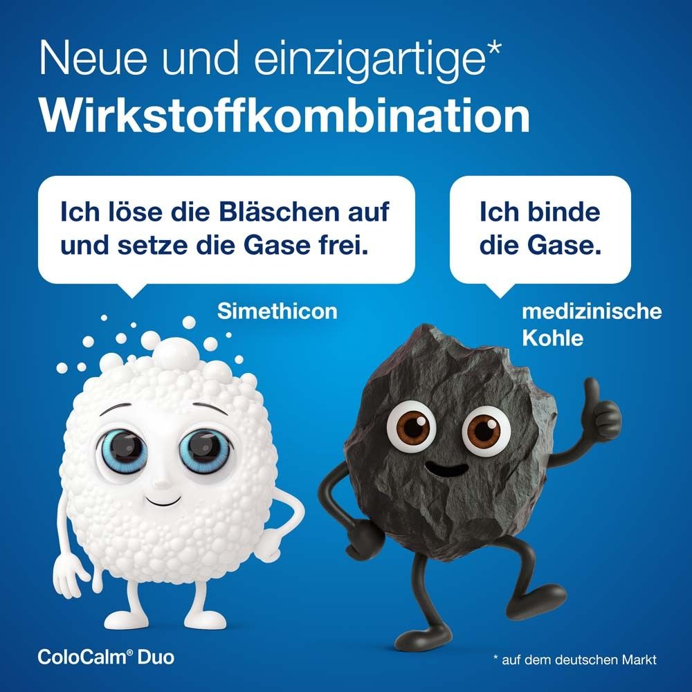 Zwei Cartoon-Figuren. Text: Neue Wirkstoffkombination. Simethicon und medizinische Kohle. ColoCalm® Duo Logo.
