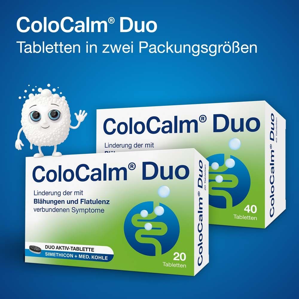 Zwei Packungen ColoCalm® Duo. Text: Tabletten in zwei Packungsgrößen. Comicfigur.