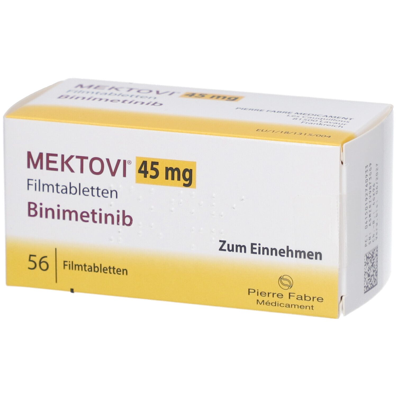 Schachtel MEKTOVI 45 mg Filmtabletten. Enthält 56 Tabletten. Aufschrift: Binimetinib, Pierre Fabre Médicament.