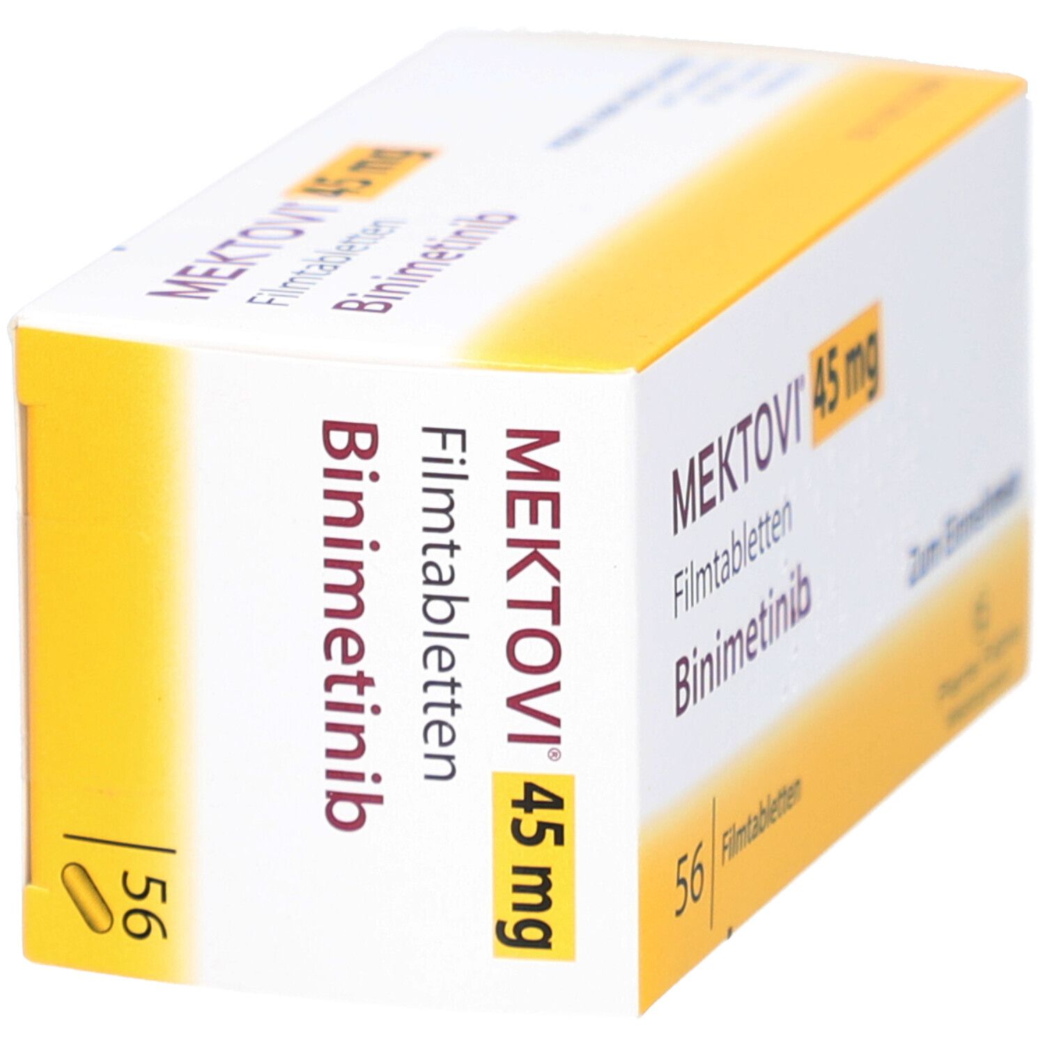 Schachtel MEKTOVI 45 mg Filmtabletten. Aufschrift: Binimetinib, 56 Filmtabletten. Gelbe und weiße Verpackung.