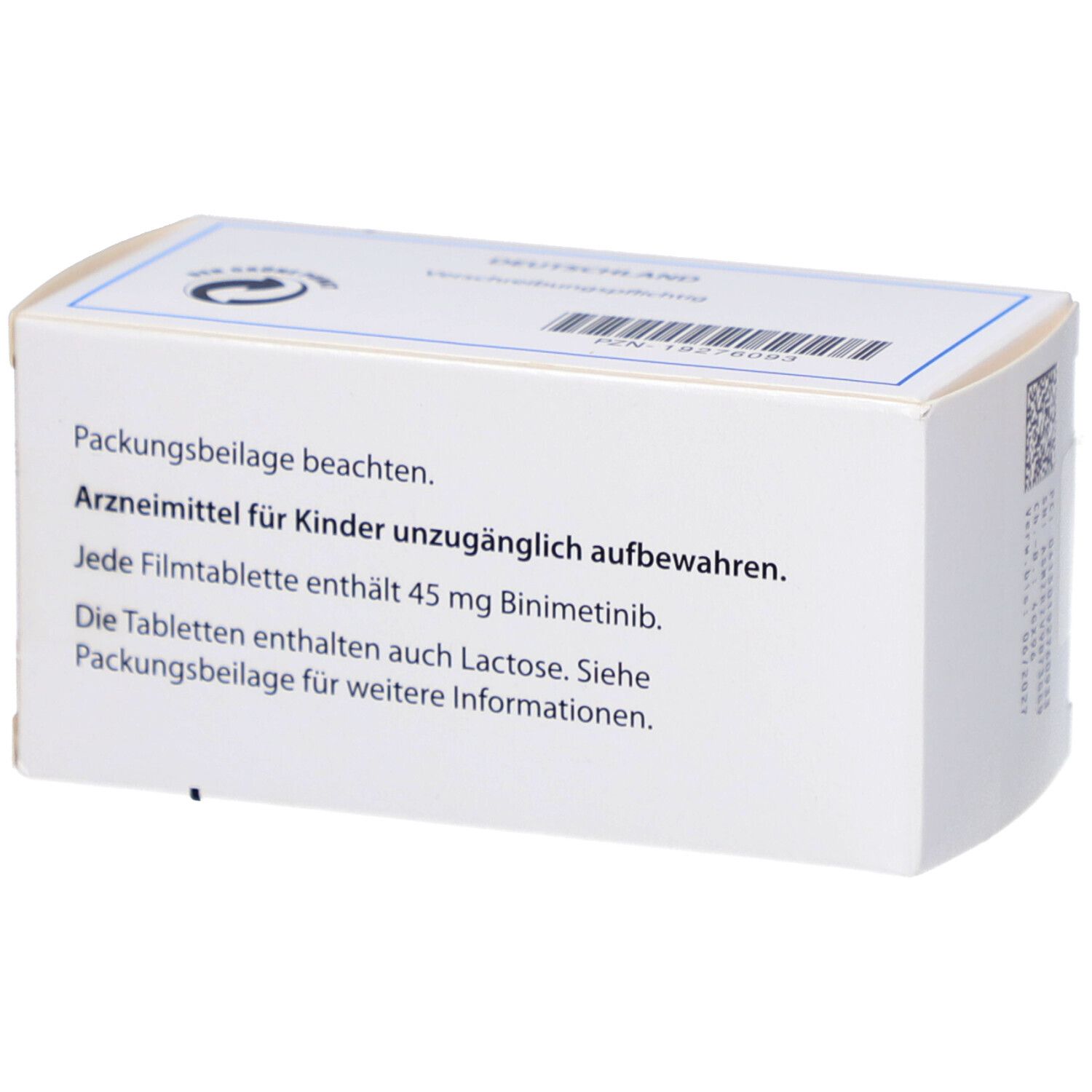 Rückseite der MEKTOVI-Verpackung. Text: Arzneimittel für Kinder unzugänglich aufbewahren. Enthält 45 mg Binimetinib.