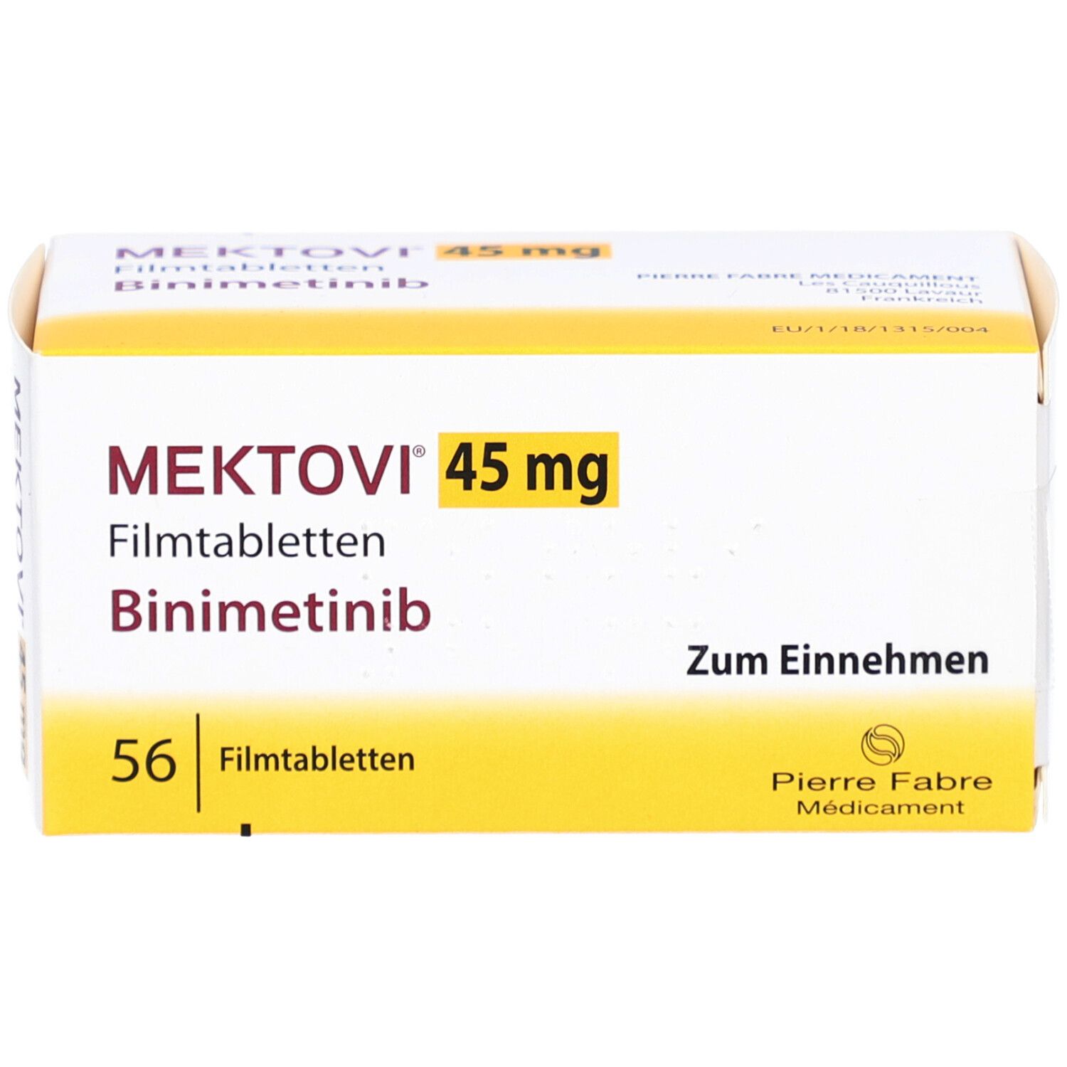 Schachtel MEKTOVI 45 mg Filmtabletten. Enthält 56 Tabletten. Aufschrift: Binimetinib, Pierre Fabre Médicament.
