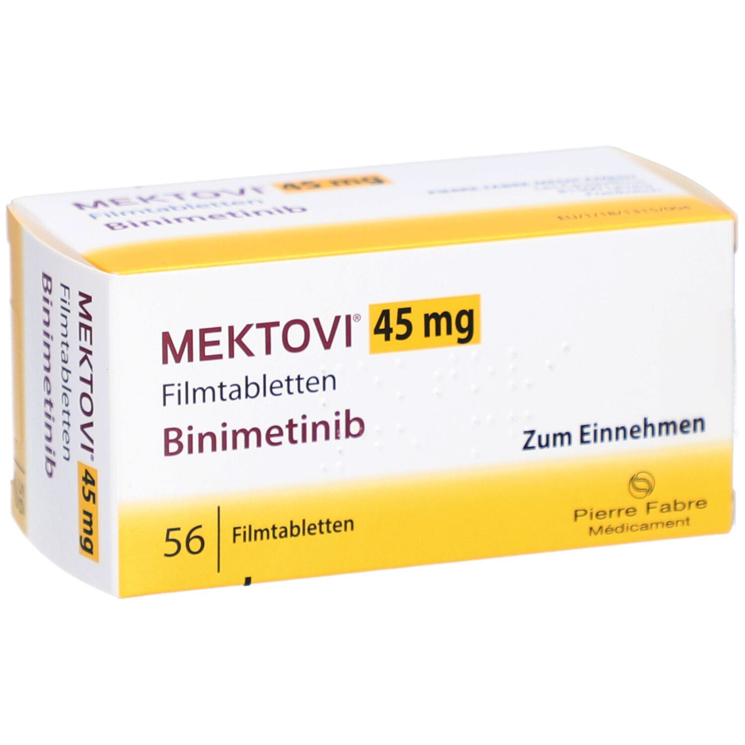 Schachtel MEKTOVI 45 mg Filmtabletten. Enthält 56 Tabletten. Aufschrift: Binimetinib, Pierre Fabre Médicament.