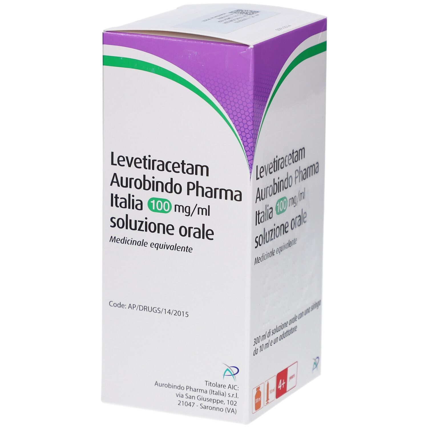 Verpackung von Levetiracetam Aurobindo Pharma Italia. 100 mg/ml Lösung. Code AP/DRUGS/14/2015.