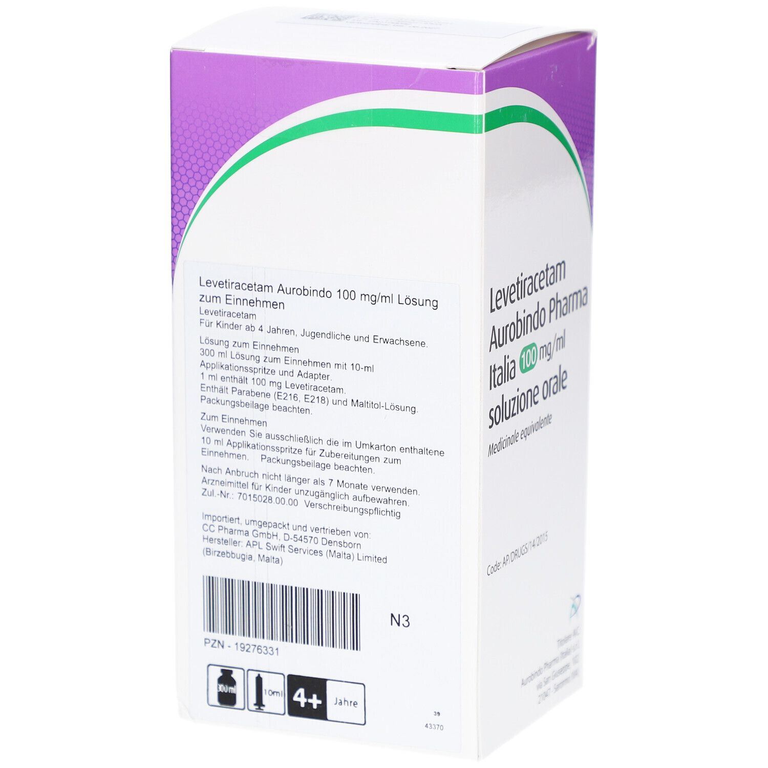 Rückseite der Levetiracetam Aurobindo Pharma Verpackung. Textinformationen und PZN-19276331.