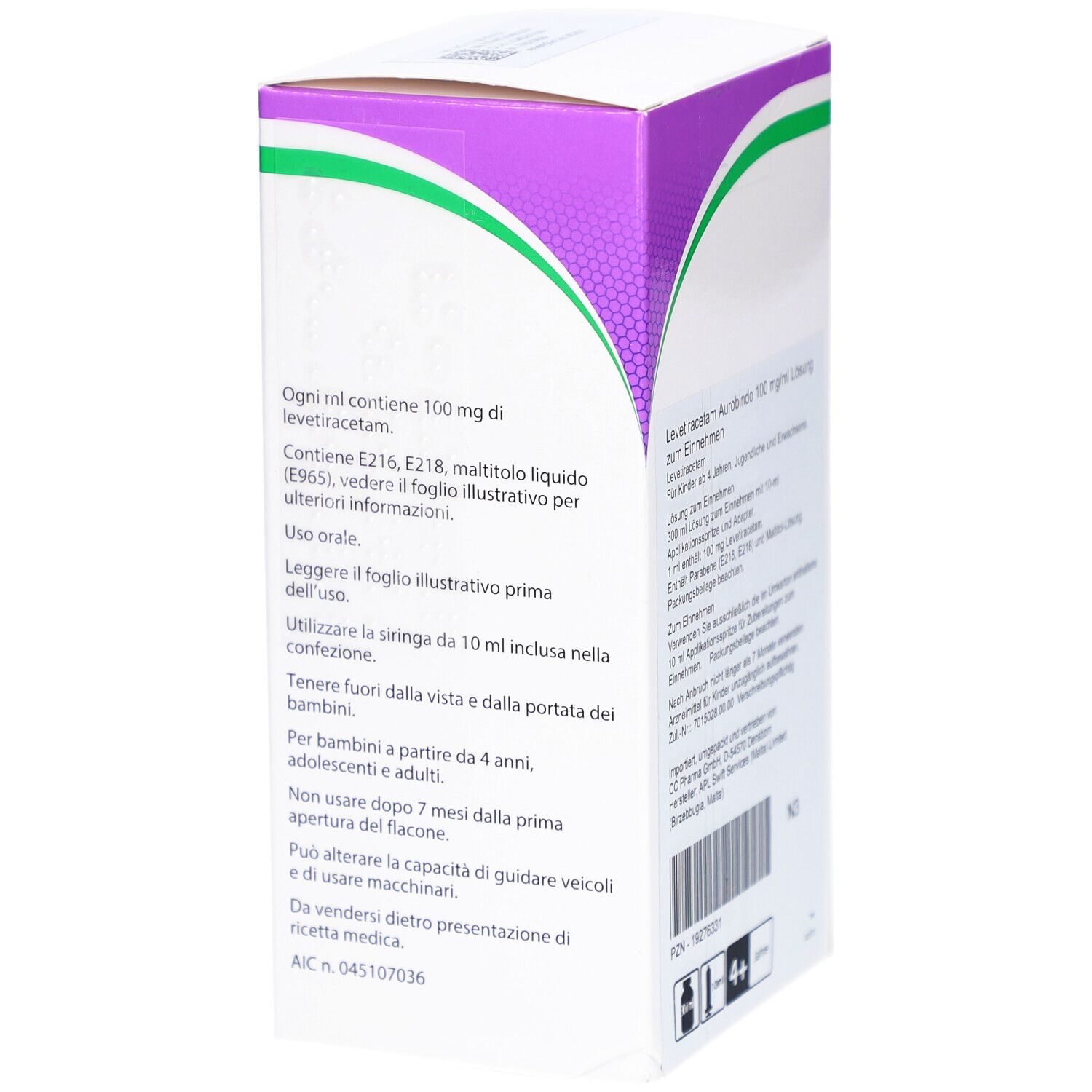 Seite der Levetiracetam Aurobindo Pharma Verpackung. Textinformationen und Inhaltsstoffe.