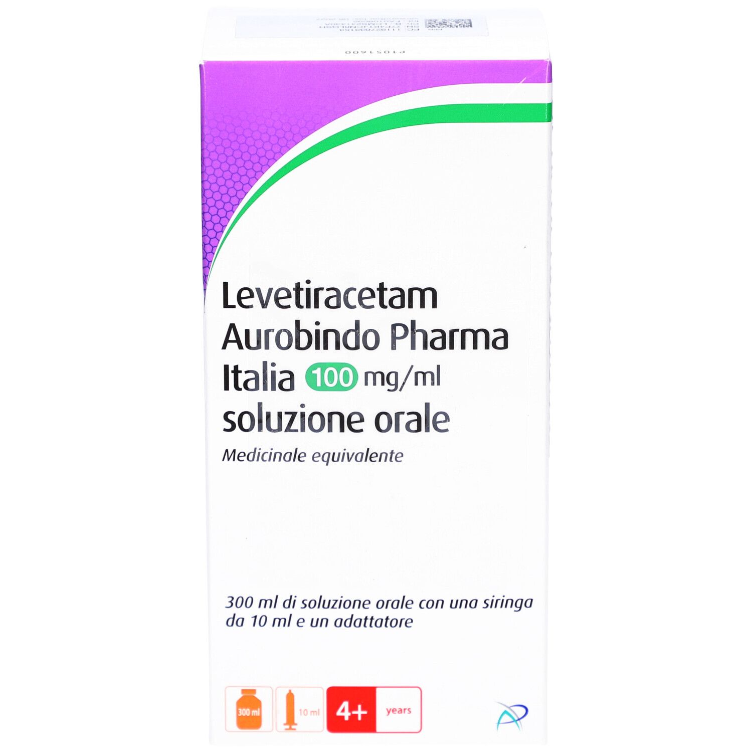 Vorderseite der Levetiracetam Aurobindo Pharma Verpackung. 100 mg/ml Lösung. Mit Dosierspritze.