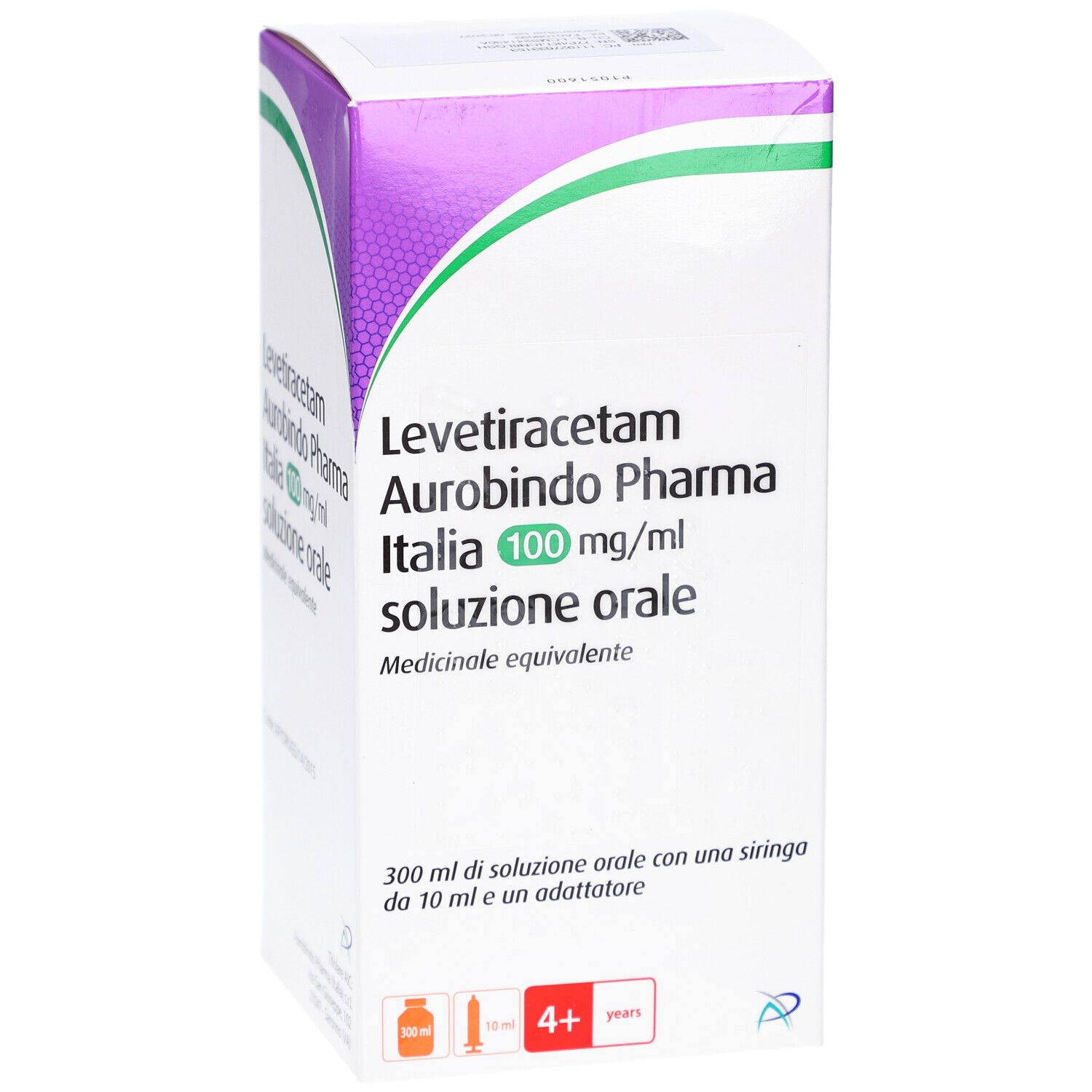 Vorderseite der Levetiracetam Aurobindo Pharma Verpackung. 100 mg/ml Lösung. Mit Dosierspritze.