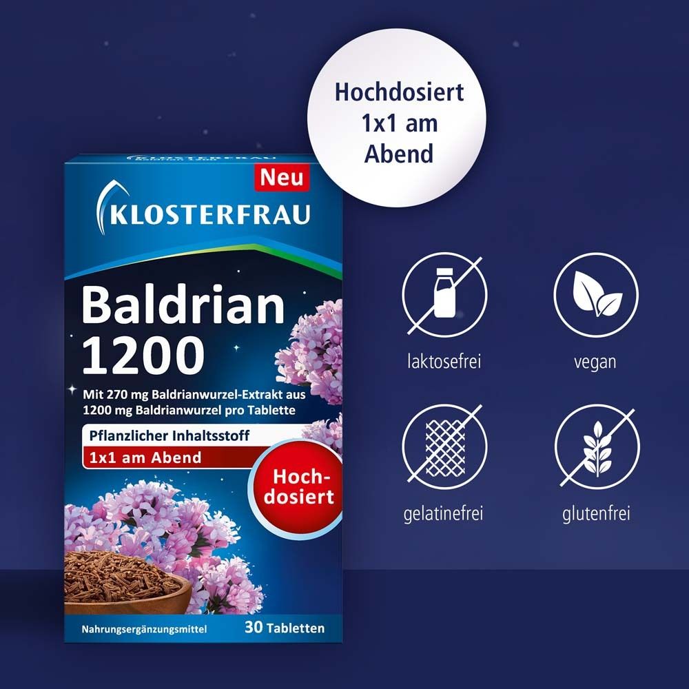 KLOSTERFRAU Baldrian 1200 Packung mit Symbolen: laktosefrei, vegan, gelatinefrei, glutenfrei. 30 Tabletten.