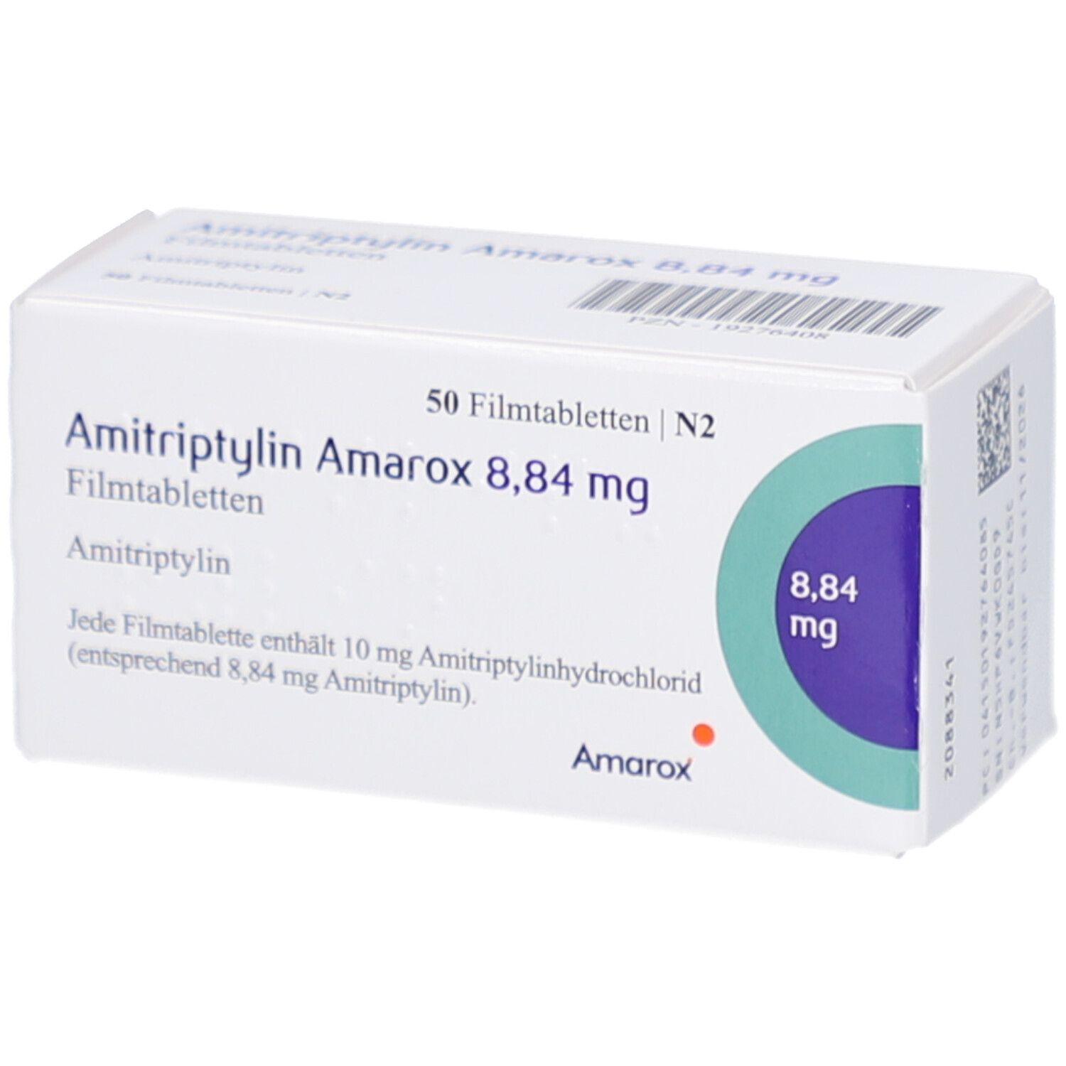 Weiße Arzneimittelverpackung. Aufschrift: Amitriptylin Amarox 8,84 mg Filmtabletten. 50 Filmtabletten. Amarox Logo.