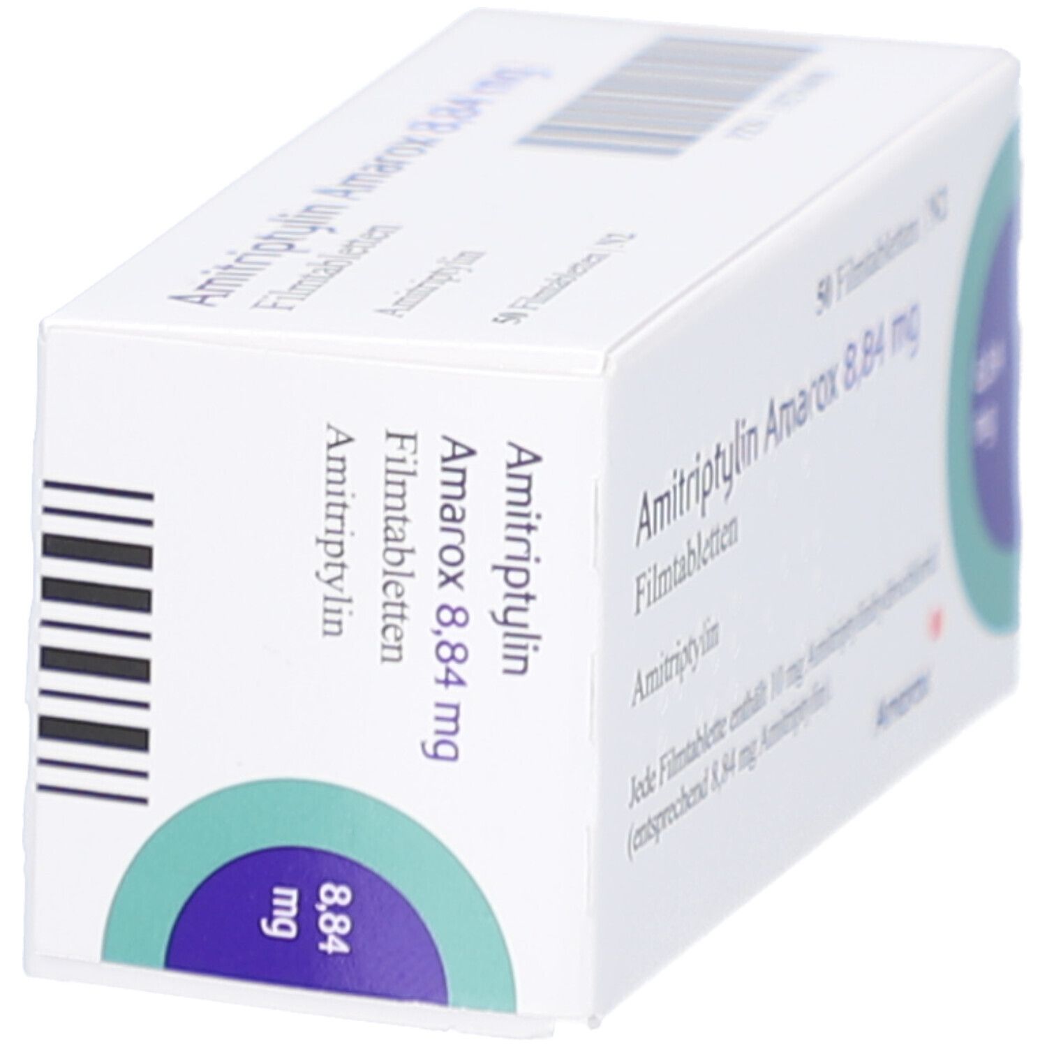 Schräg stehende Arzneimittelverpackung. Aufschrift: Amitriptylin Amarox 8,84 mg Filmtabletten. 50 Filmtabletten. Amarox Logo.