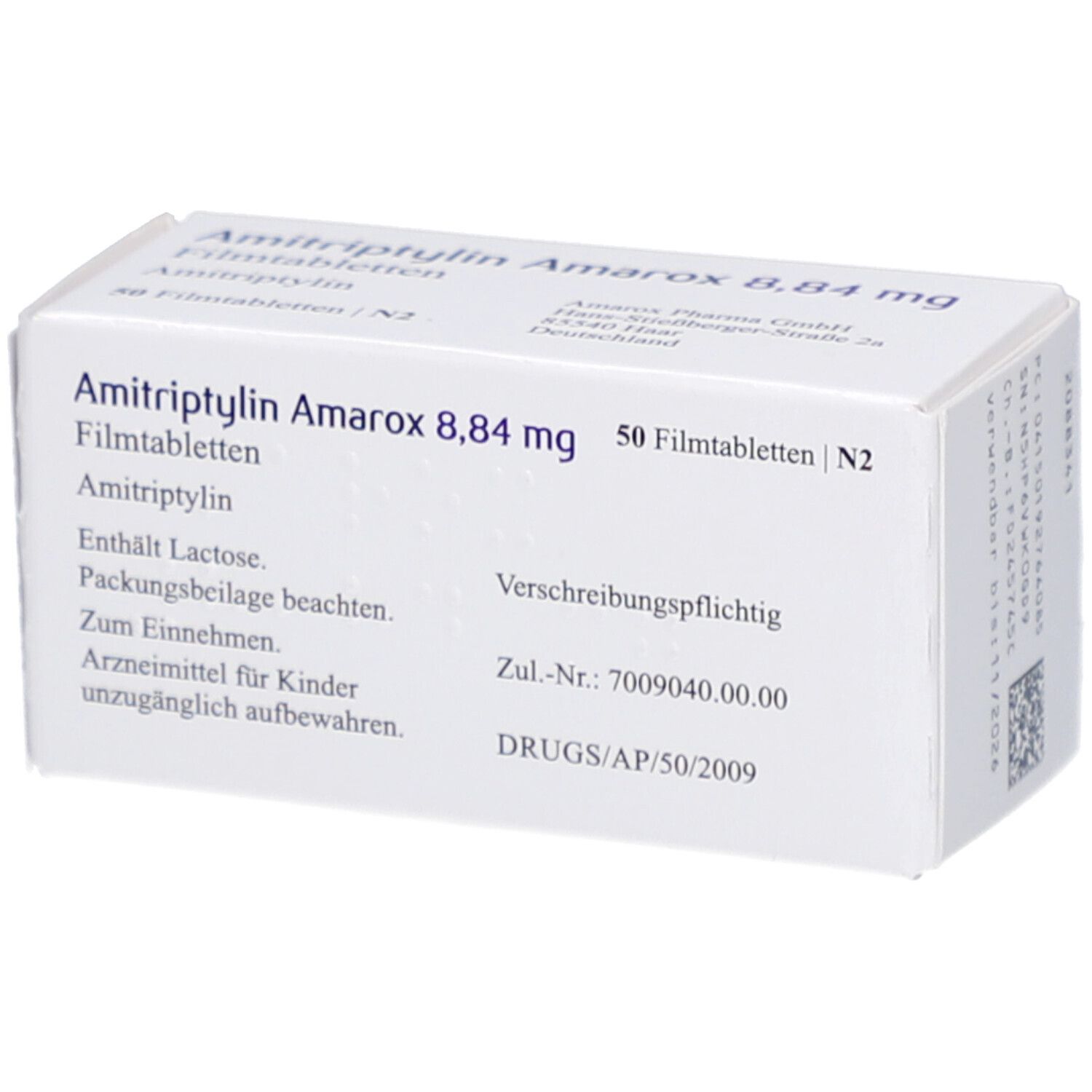 Arzneimittelverpackung mit Text. Aufschrift: Amitriptylin Amarox 8,84 mg Filmtabletten. 50 Filmtabletten. Verschreibungspflichtig.