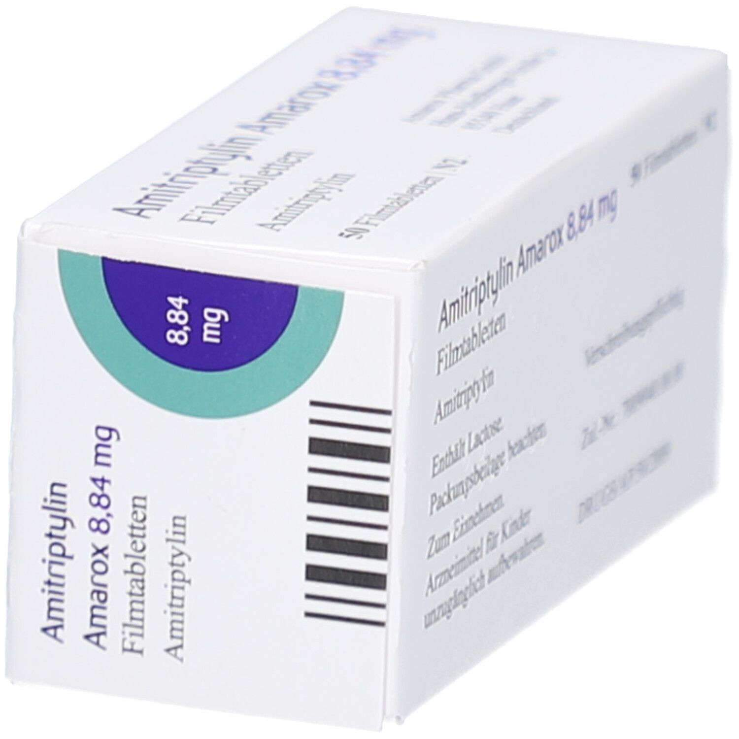 Schräg stehende Arzneimittelverpackung. Aufschrift: Amitriptylin Amarox 8,84 mg Filmtabletten. 50 Filmtabletten. Amarox Logo.