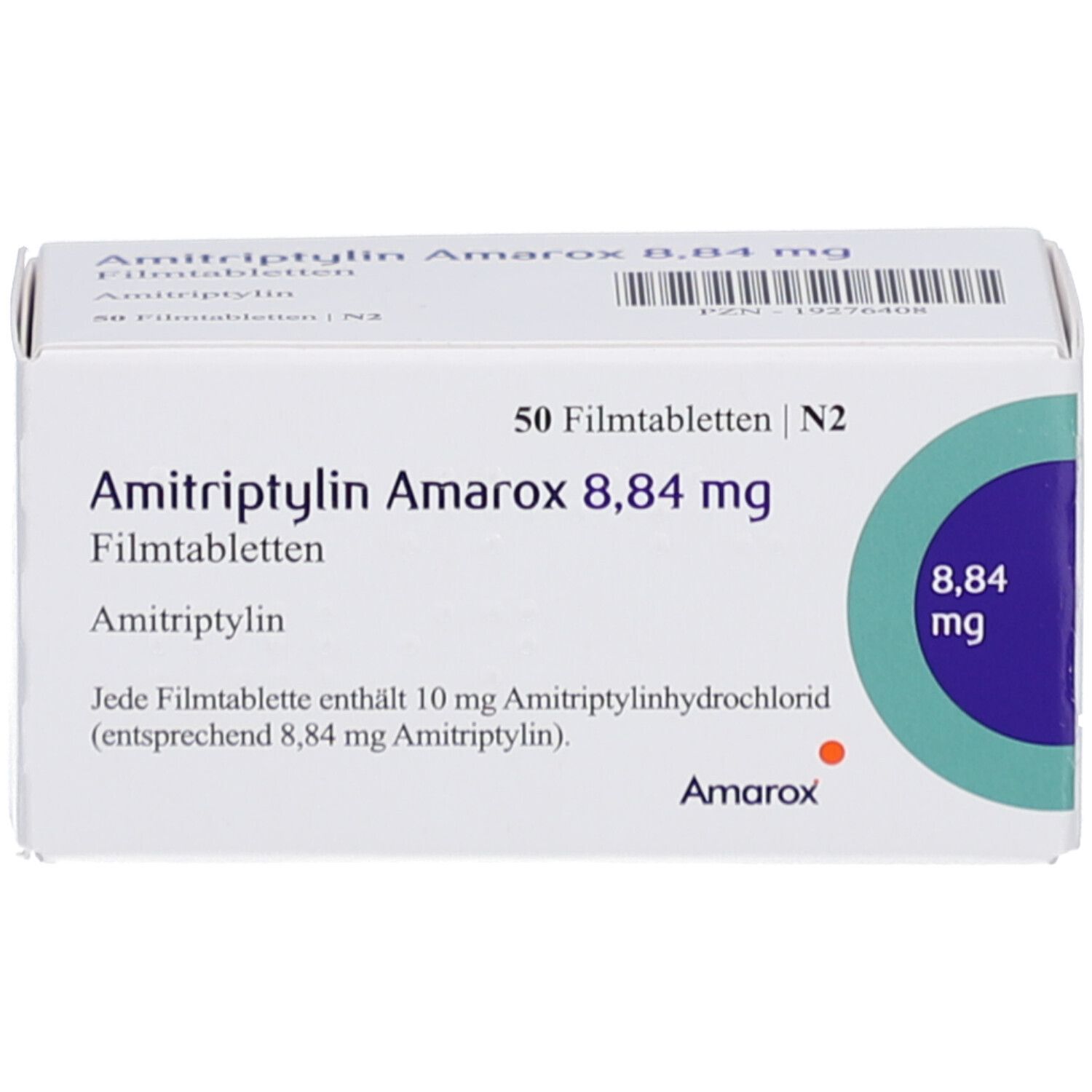 Arzneimittelverpackung. Aufschrift: Amitriptylin Amarox 8,84 mg Filmtabletten. 50 Filmtabletten. Amarox Logo. Dosierung: 8,84 mg.