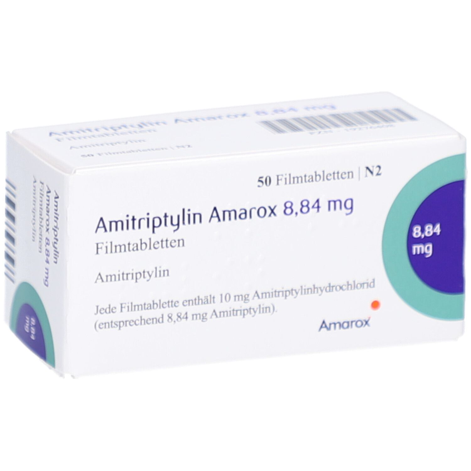 Arzneimittelverpackung. Aufschrift: Amitriptylin Amarox 8,84 mg Filmtabletten. 50 Filmtabletten. Amarox Logo. Dosierung: 8,84 mg.