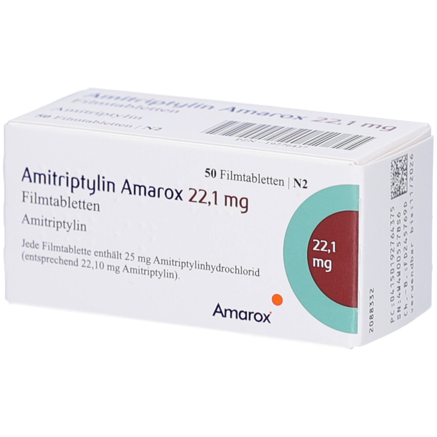 Weißer Arzneimittelkarton mit Aufschrift Amitriptylin Amarox 22,1 mg Filmtabletten. 50 Filmtabletten. Amarox Logo.