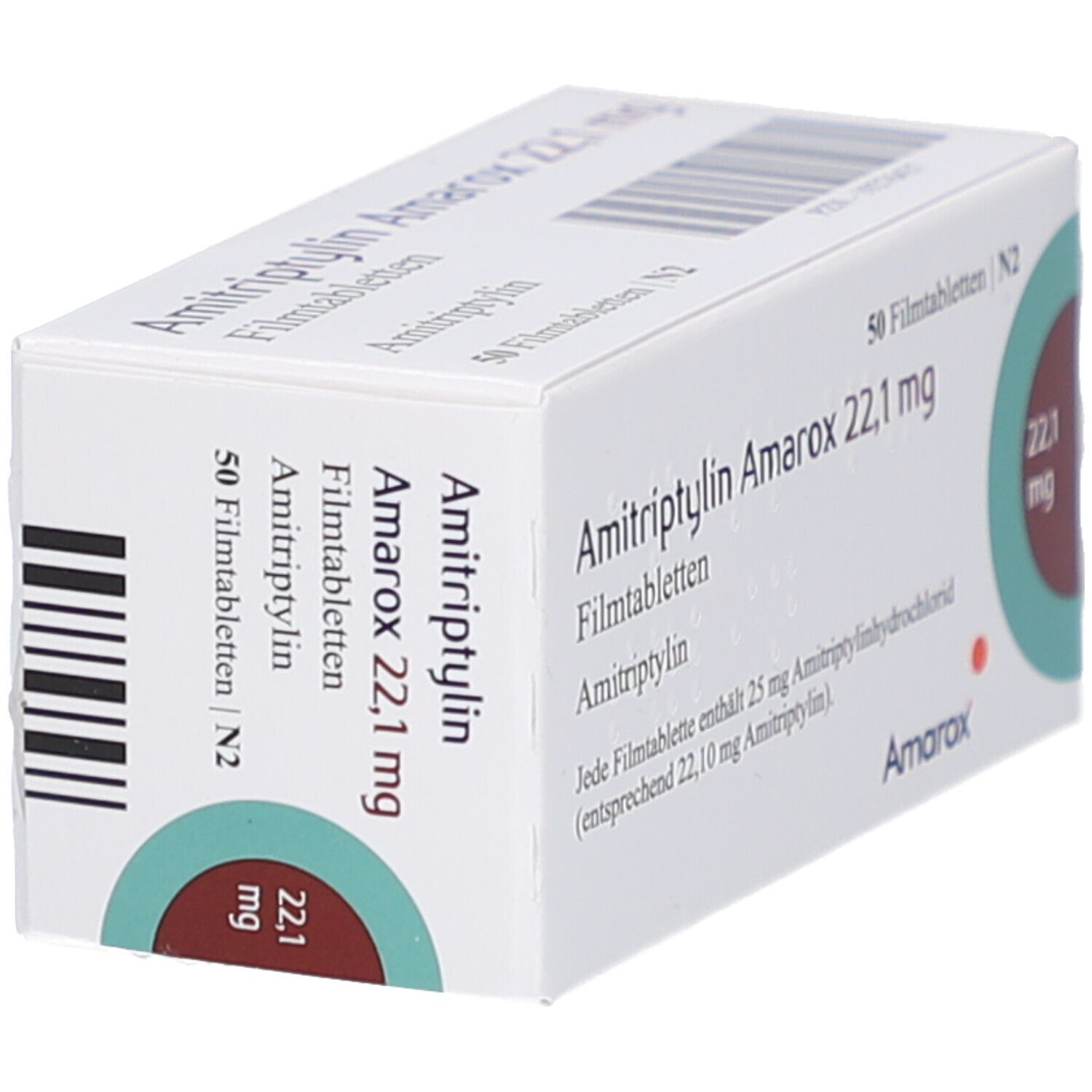 Weißer Arzneimittelkarton mit Aufschrift Amitriptylin Amarox 22,1 mg Filmtabletten. 50 Filmtabletten. Amarox Logo.