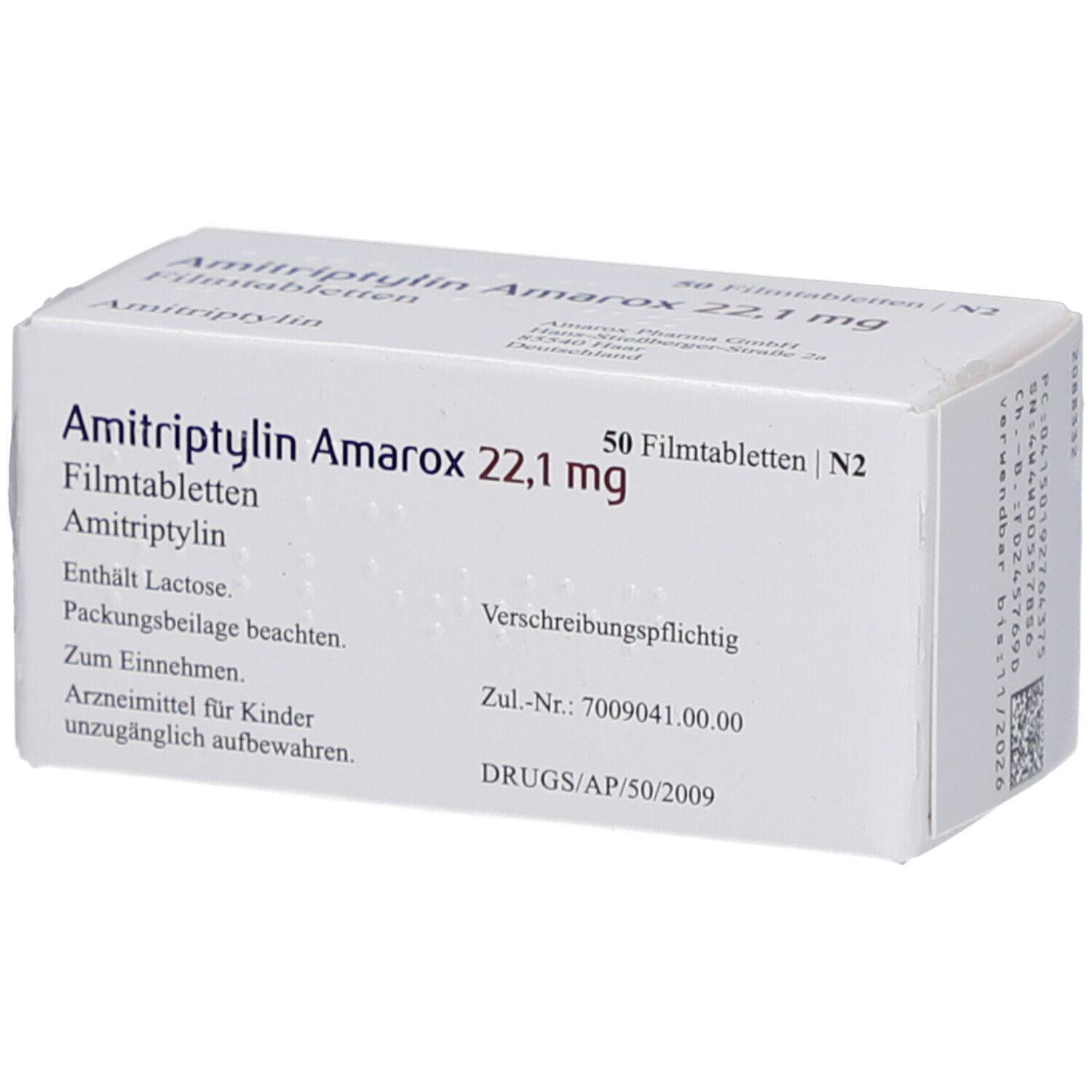 Weißer Arzneimittelkarton mit Aufschrift Amitriptylin Amarox 22,1 mg Filmtabletten. 50 Filmtabletten. Amarox Logo.