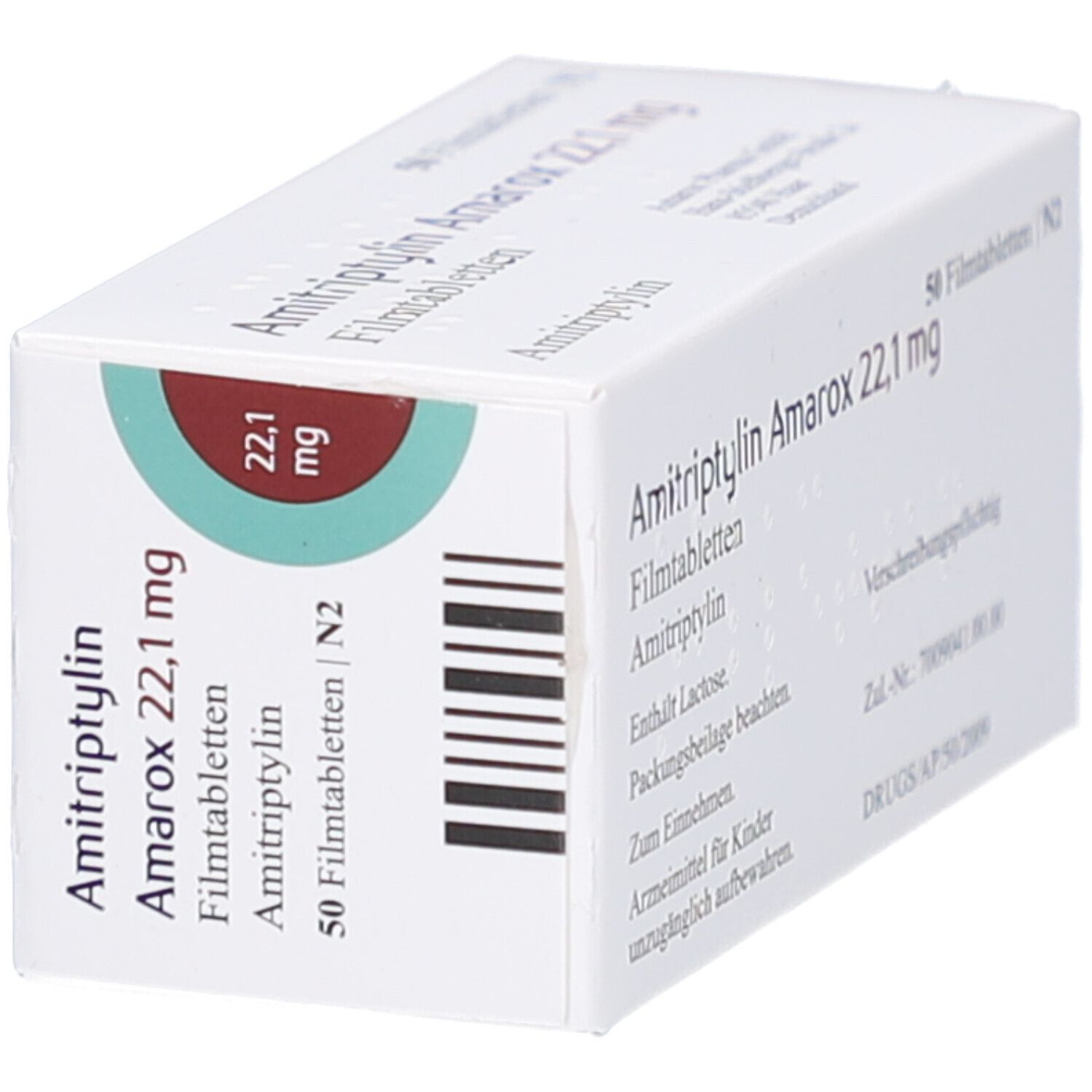 Weißer Arzneimittelkarton mit Aufschrift Amitriptylin Amarox 22,1 mg Filmtabletten. 50 Filmtabletten. Amarox Logo.