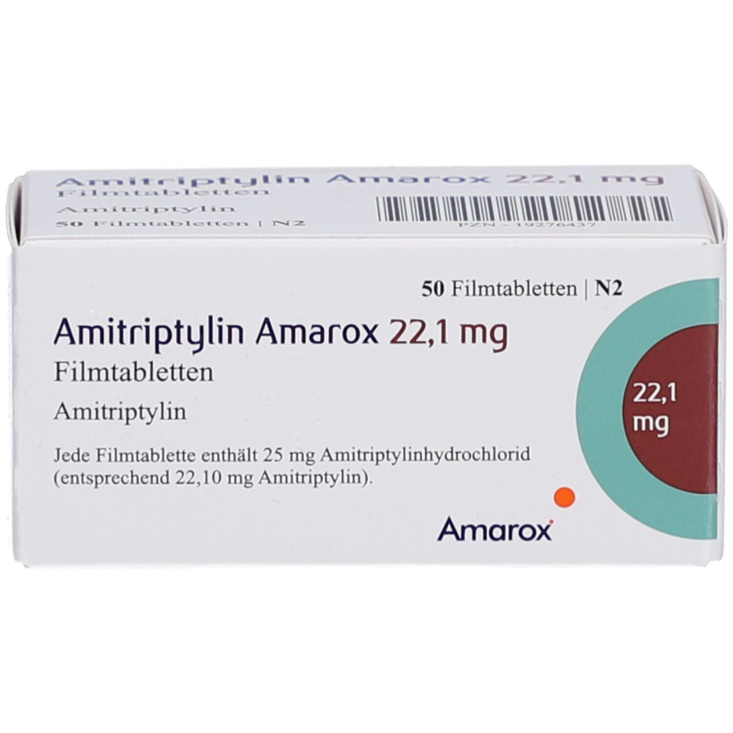 Weißer Arzneimittelkarton mit Aufschrift Amitriptylin Amarox 22,1 mg Filmtabletten. 50 Filmtabletten. Amarox Logo.