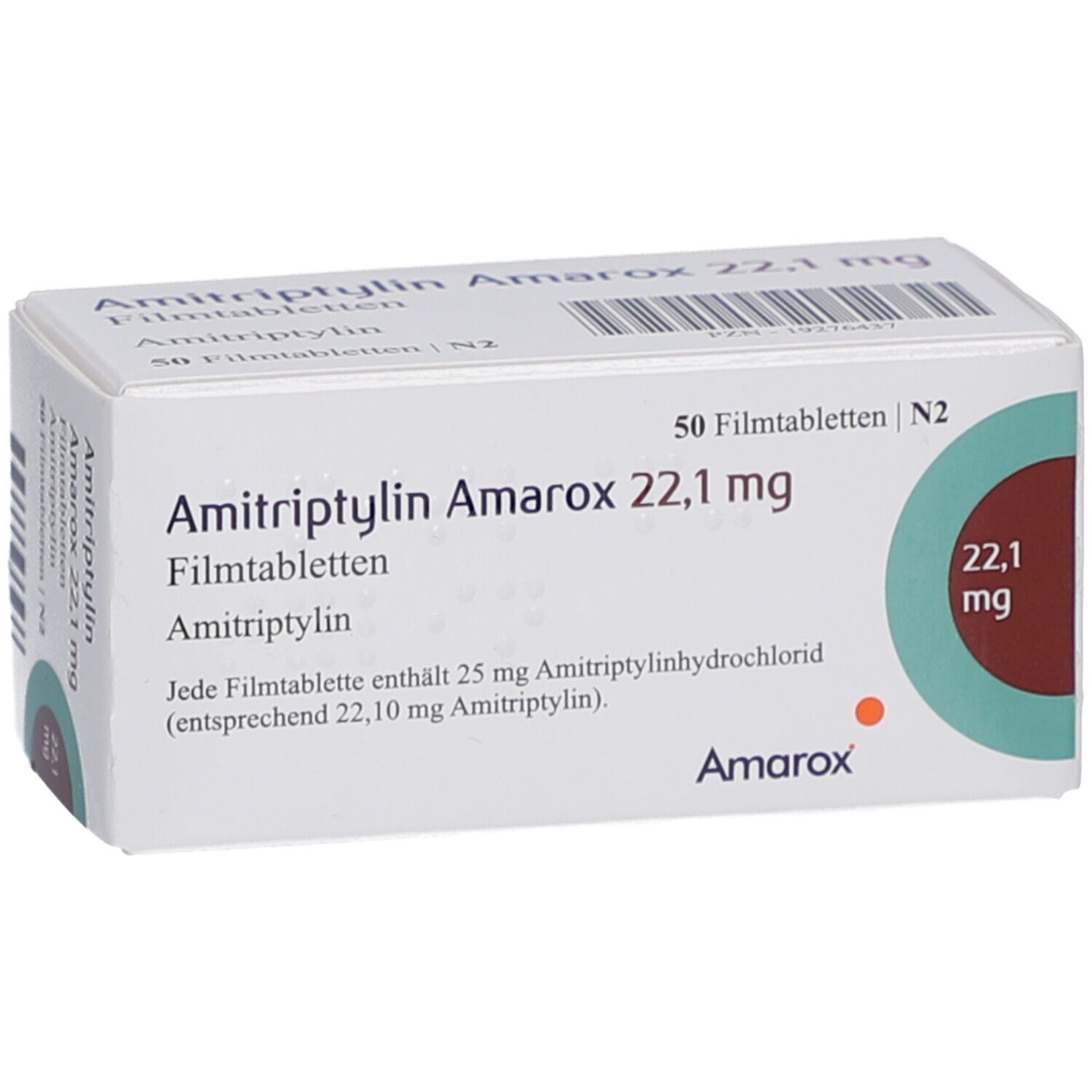 Weißer Arzneimittelkarton mit Aufschrift Amitriptylin Amarox 22,1 mg Filmtabletten. 50 Filmtabletten. Amarox Logo.