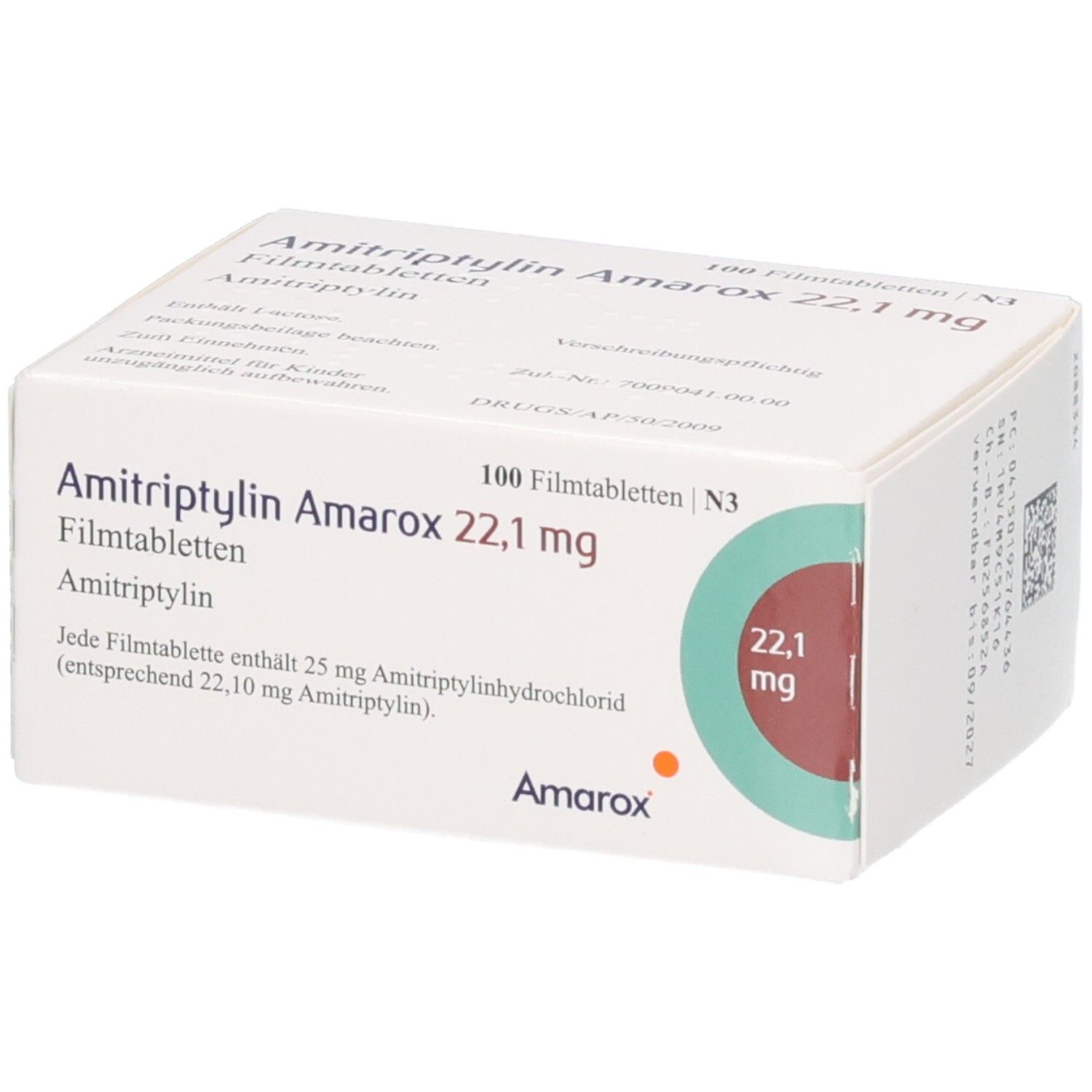 AMITRIPTYLIN Amarox 22,1 mg Filmtabletten Schachtel, 100 Stück. Enthält 25 mg Amitriptilinhydrochlorid pro Filmtablette.