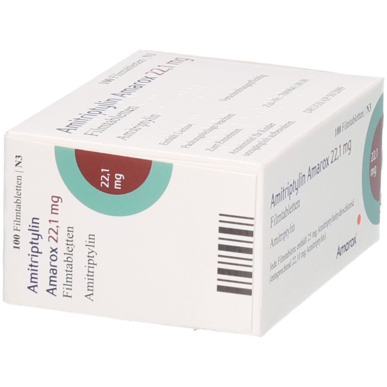 AMITRIPTYLIN Amarox 22,1 mg Filmtabletten Schachtel, 100 Stück. Vorderseite mit Dosierungsangabe 22,1 mg.