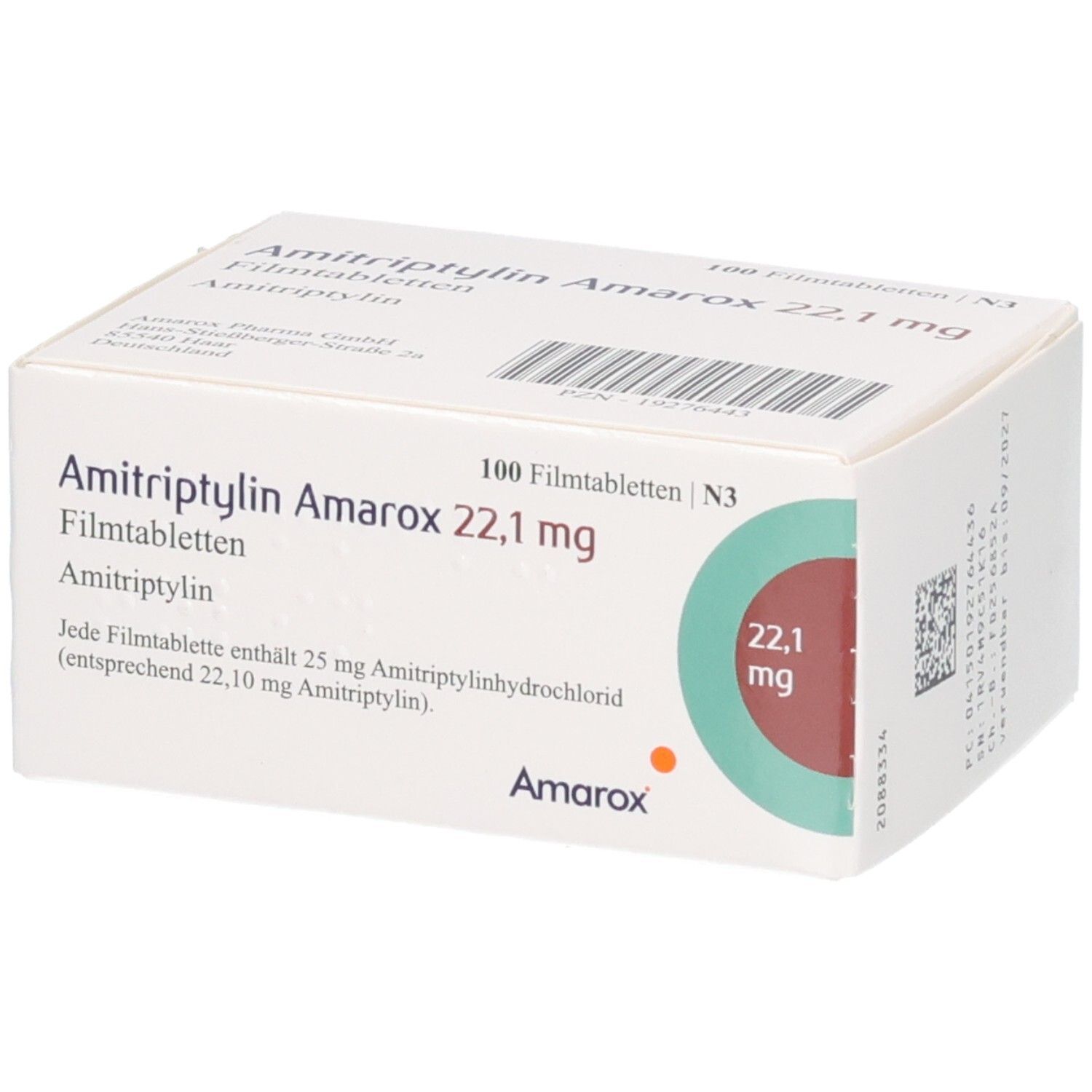 AMITRIPTYLIN Amarox 22,1 mg Filmtabletten Schachtel, 100 Stück. Seitenansicht mit Barcode und Produktinformationen.