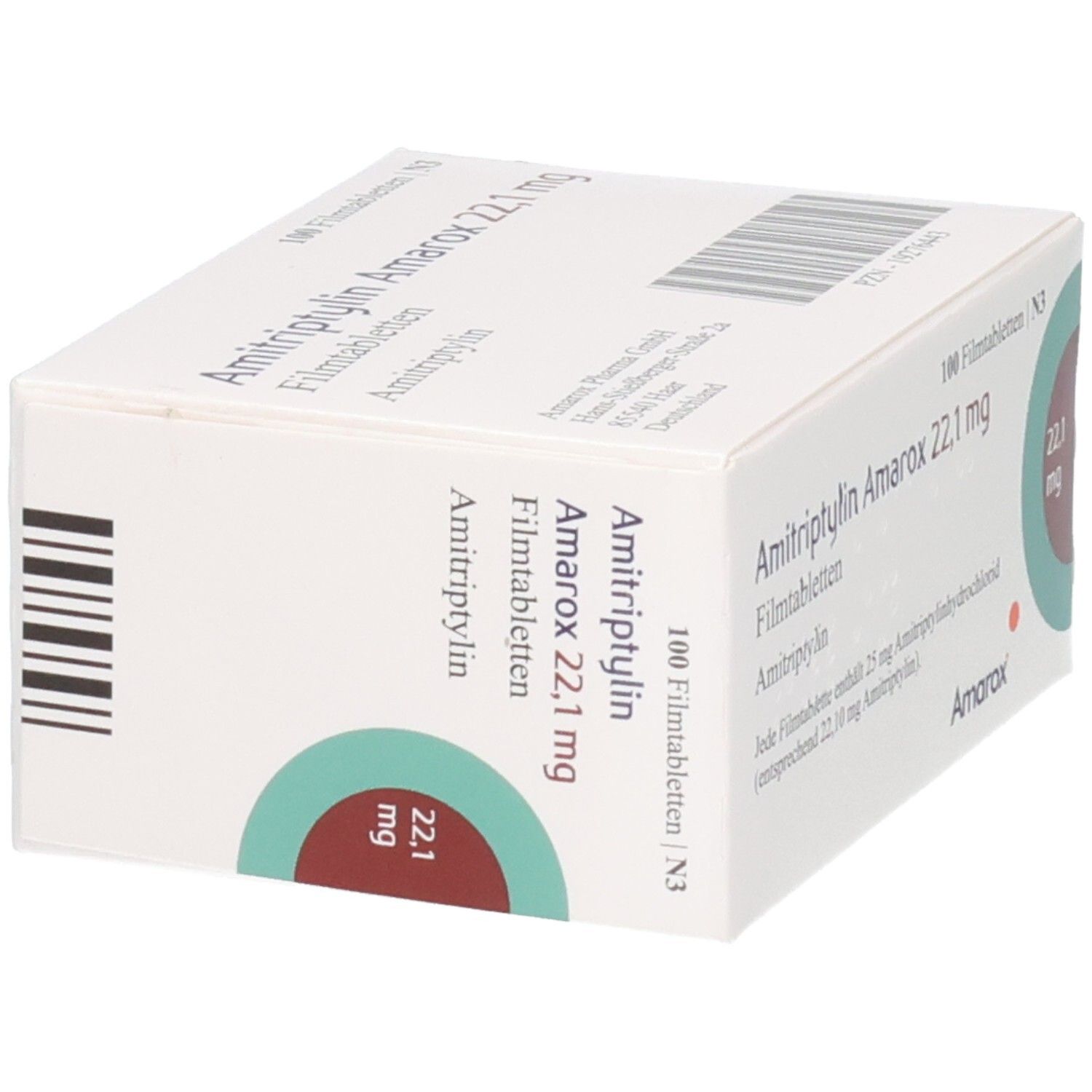 AMITRIPTYLIN Amarox 22,1 mg Filmtabletten Schachtel, 100 Stück. Schrägansicht mit Fokus auf die Vorderseite und Markierung.