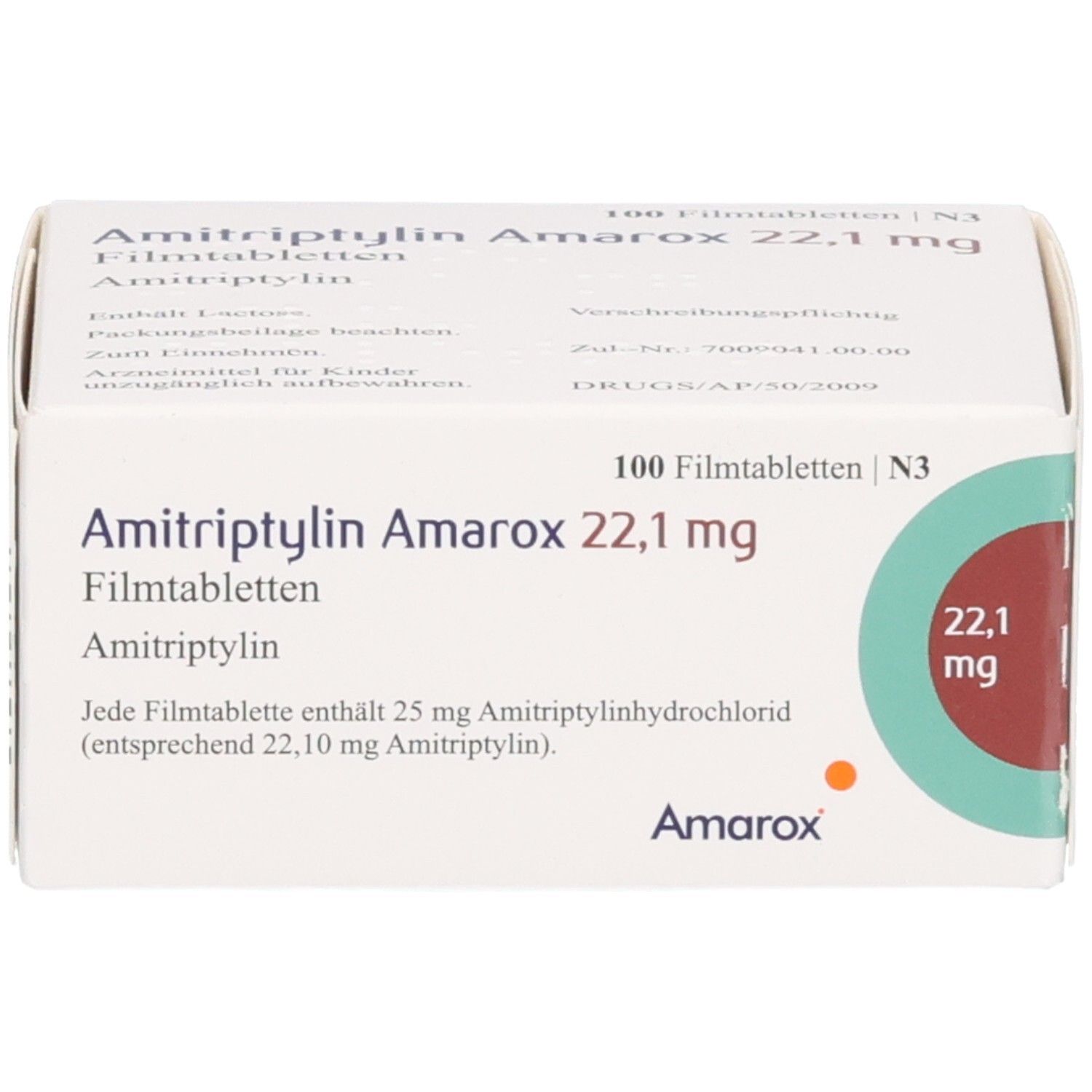 AMITRIPTYLIN Amarox 22,1 mg Filmtabletten Schachtel, 100 Stück. Vorderseite mit detaillierten Produktinformationen und Amarox Logo.