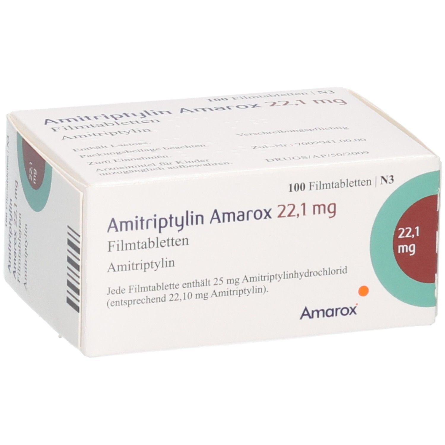 AMITRIPTYLIN Amarox 22,1 mg Filmtabletten Schachtel, 100 Stück. Ansicht von oben und vorne mit klaren Beschriftungen.