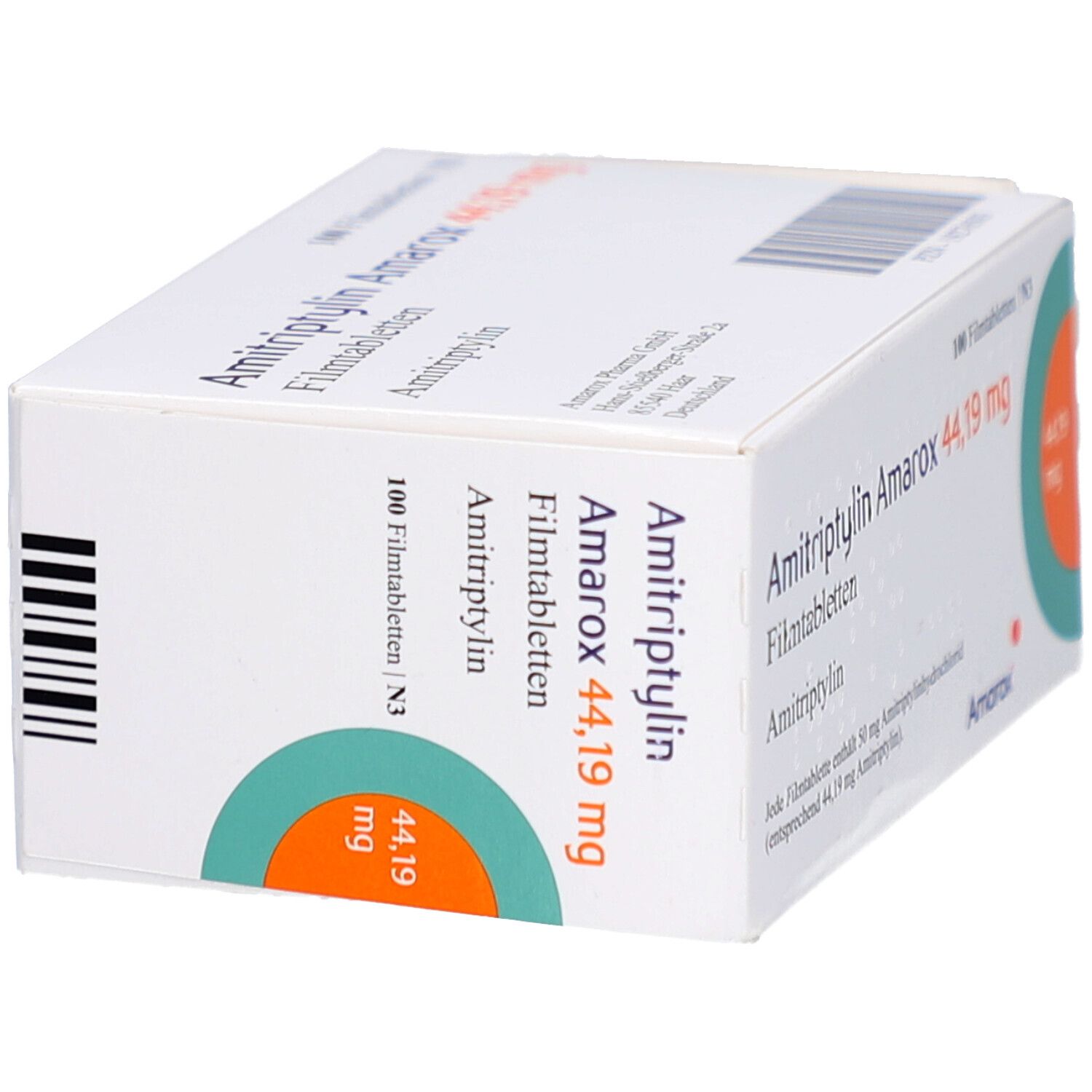 Schachtel AMITRIPTYLIN Amarox 44,19 mg Filmtabletten. Seitenansicht. Aufschrift: 100 Filmtabletten. Logo Amarox. Grün-oranger Kreis.